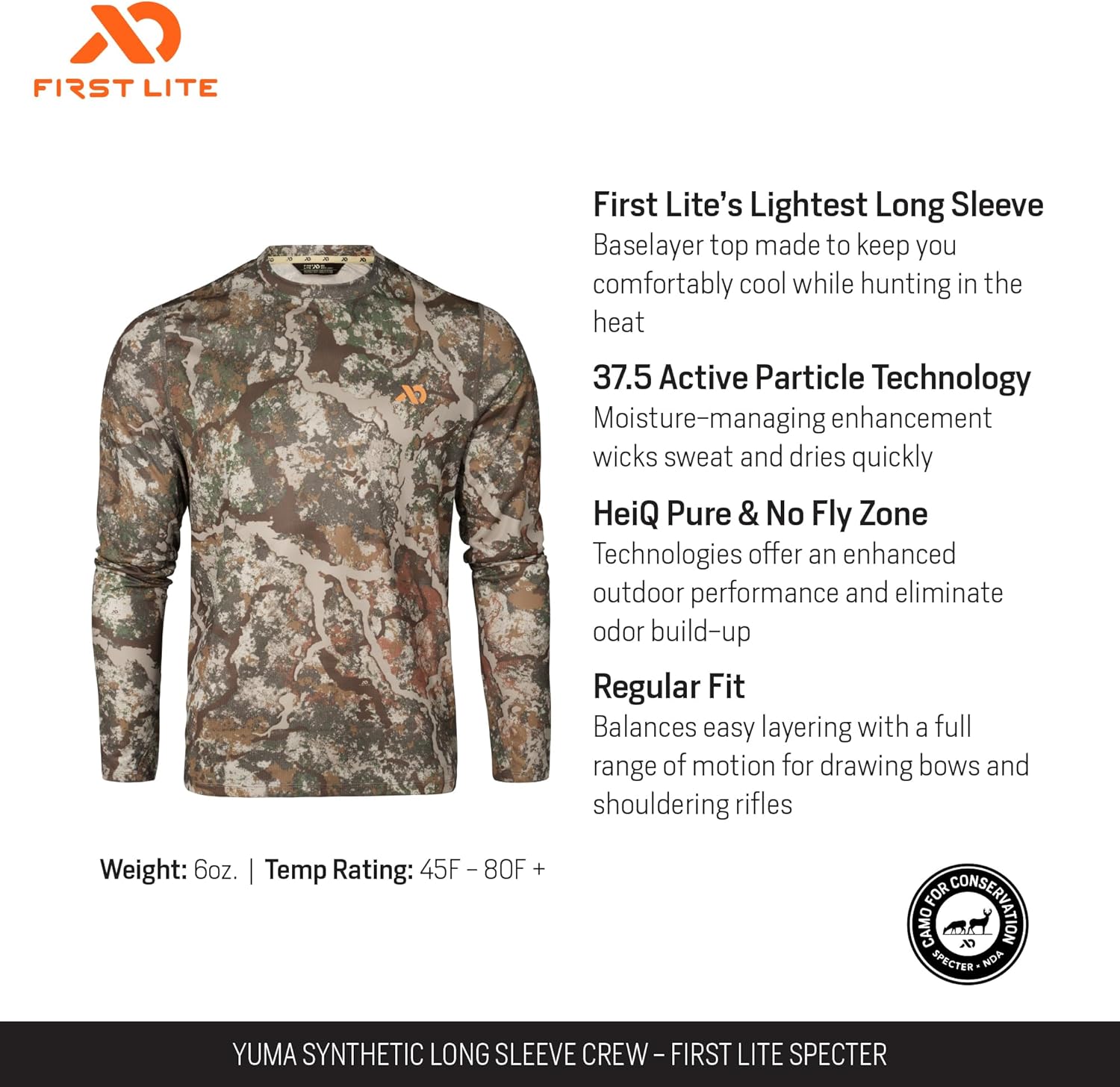 First Lite Men's Yuma Synthetic Long Sleeve Crew - Breathable Ultralight Camo Hunting Baselayer