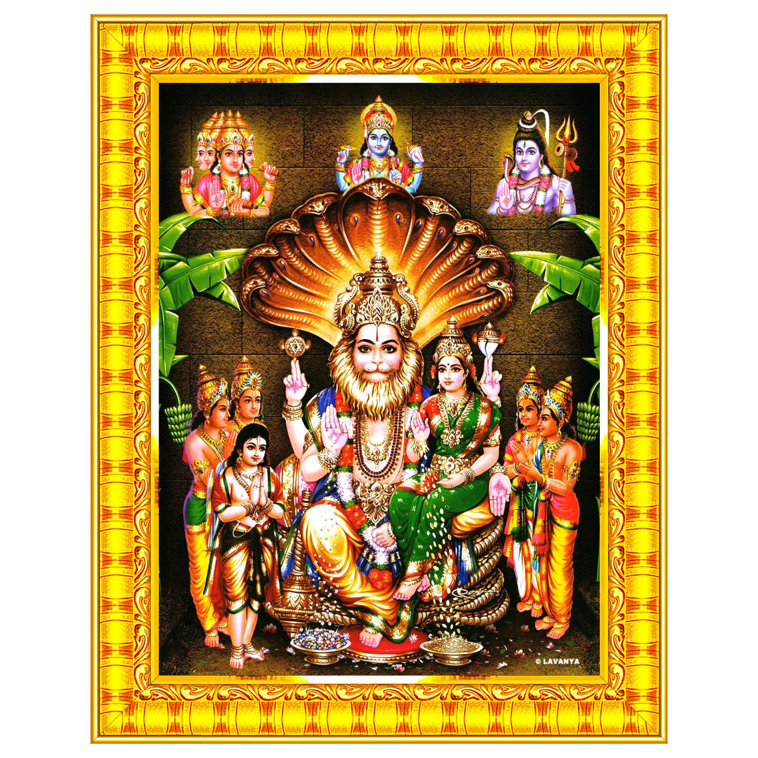 Lakshmi Narasimha Swamy Lord Narsingh Bhagwan Wall Painting Framed Home Decor (Wood,Matte,Gold,Small Size,6 x 8 Inch) R593S
