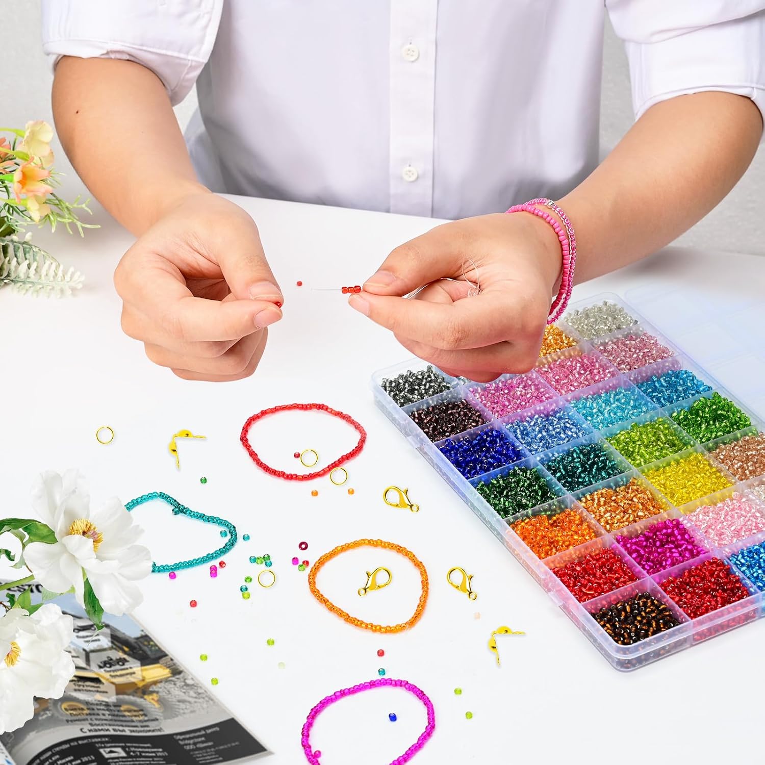 Vtssvow 3mm Glass Seed Beads for Bracelets Making, 28 Colors 11000pcs Friendship Bracelet Making Kit, Small Glass Beads for Jewelry Making (Mix 28 Color, Silver Lined) - Image 4