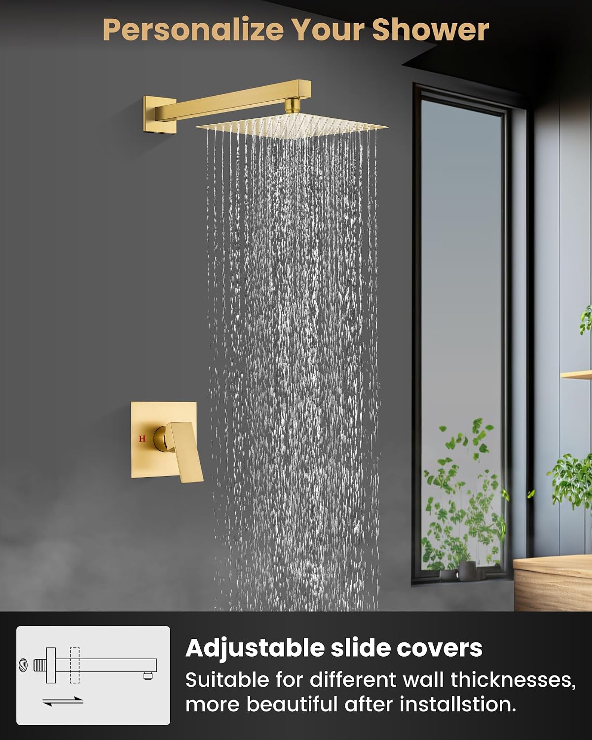 Airuida Shower Faucet Set with Female Thread Rough-in Valve, Rainfall Shower Head and Handle set, Single Function Valve Trim Kit, 8 Inch Brushed Gold