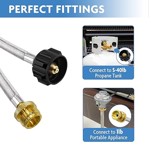 Miniatura 2 de Gawinco Manguera adaptadora de propano de acero inoxidable de 5 pies, adaptador de tanque de propano de 1 libra a 20 libras, apto para estufas