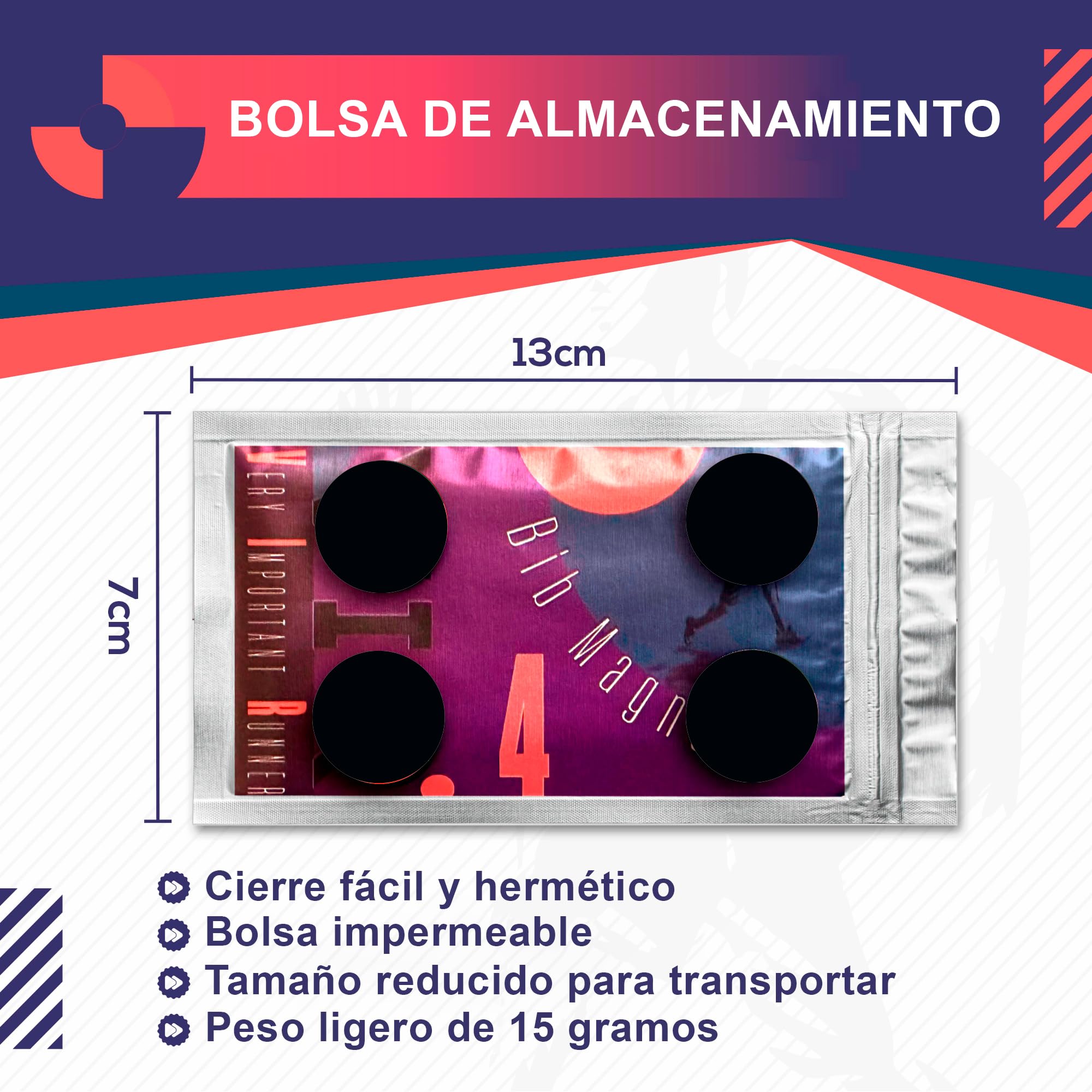 VERY IMPORTANT RUNNER - Pack de 4 Imanes Deportivos con Bolsa Impermeable - Imanes Sujeta Dorsales para Running y Triatlón 18mm - Sujeción Segura Sin Agujeros en la Ropa - Color Negro — view 3
