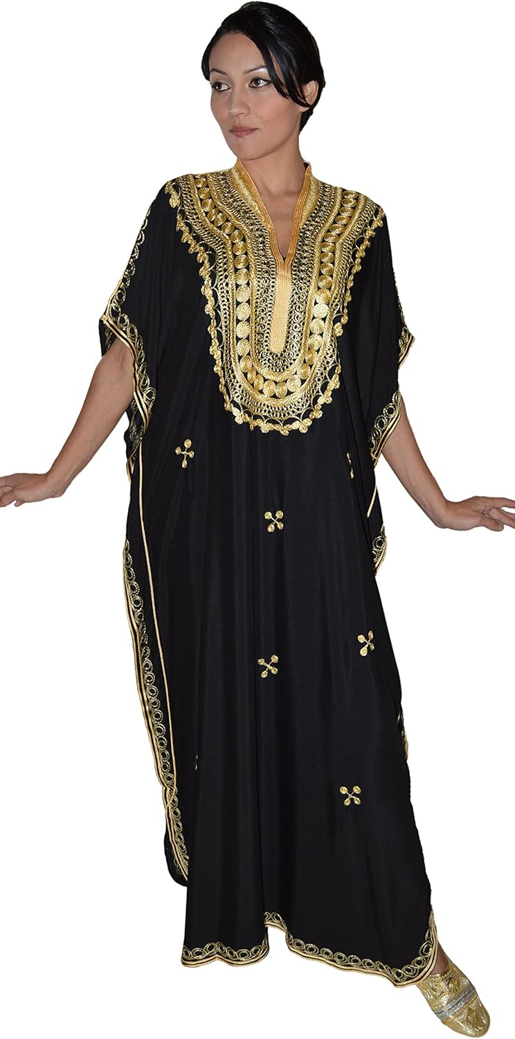 Moroccan Caftan Hand Made with Gold Hand Embroidery Long Length Black - Image 5