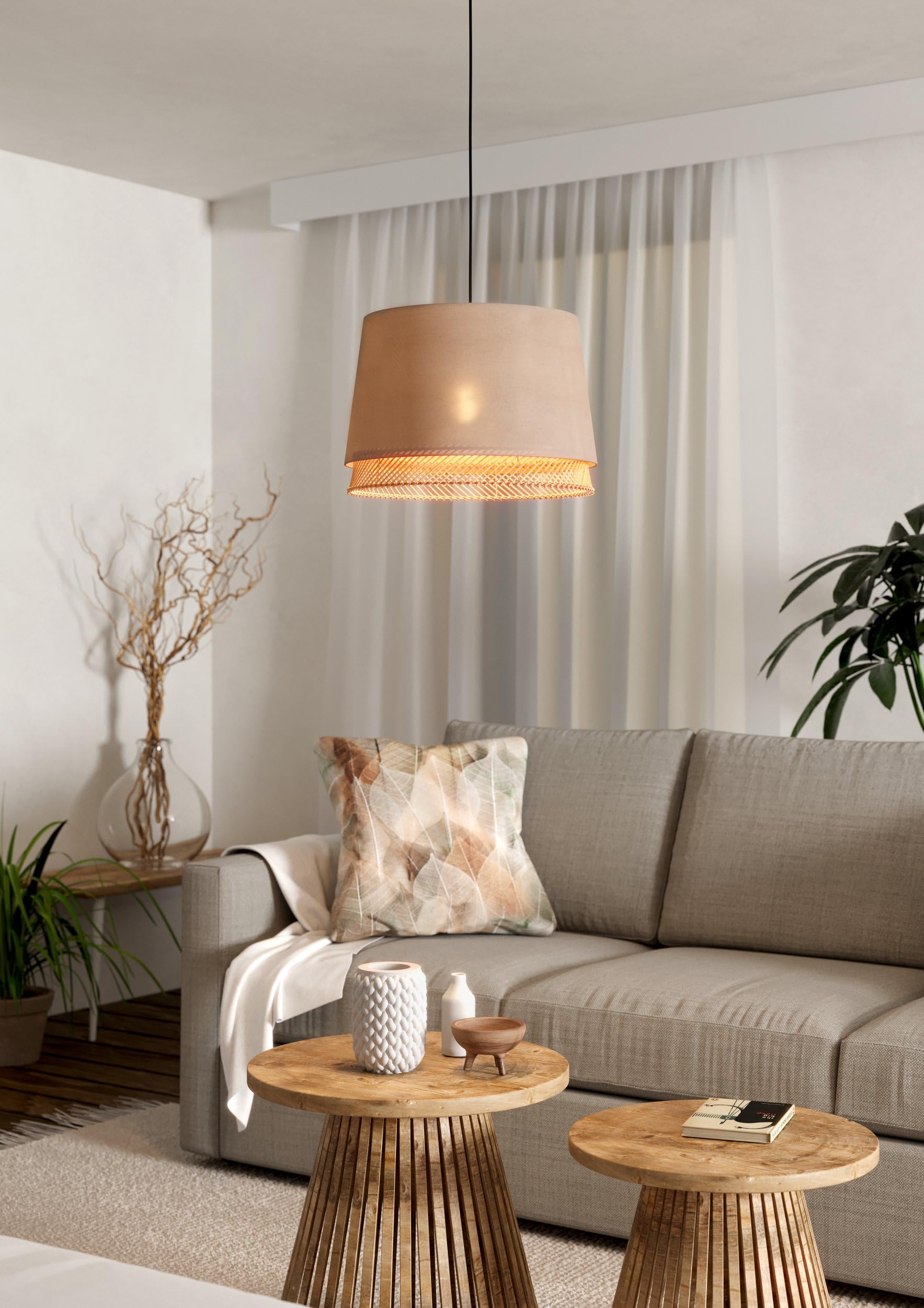 Eglo Tabley Lámpara colgante con 1 llama, adecuada para colocar encima | de la mesa del comedor, fabricada con materiales naturales en lino y bambú, con portalámparas E27 y un diámetro de Ø 38 cm