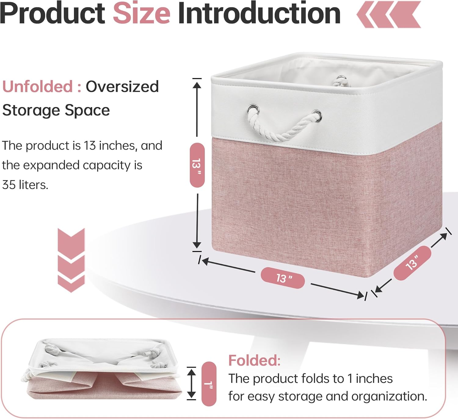 13x13 Inch Cube Storage Bins with Reinforced Bottom Cardboard, 6 Pack Large Collapsible Fabric Storage Cubes with Handles for Shelf, Closet, Toy, Laundry Organization (White&Pink)