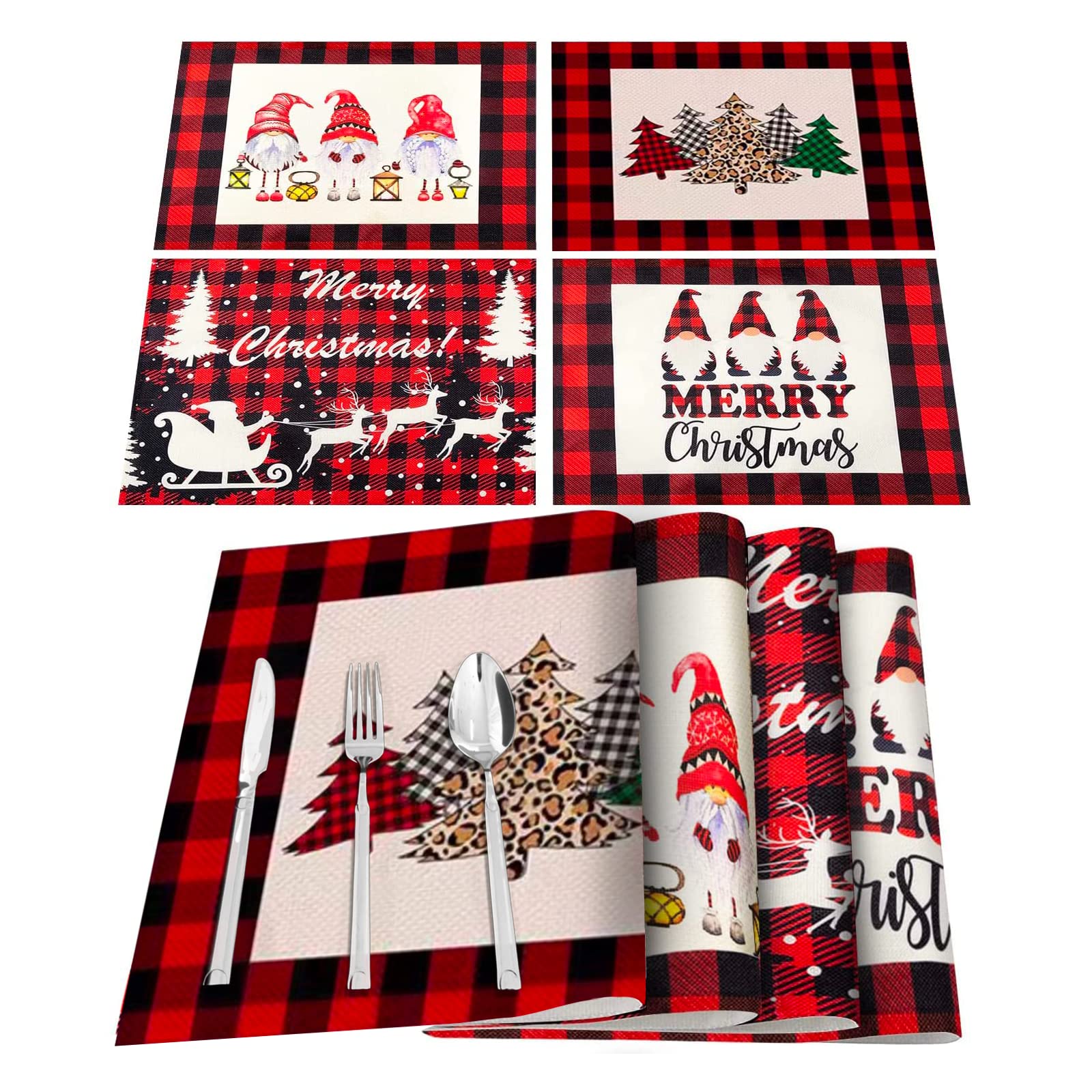 Christmas Placemats Set of 4 Red and Black Plaid Table Mats Holiday Dining Washable Placemats for Home Kitchen Table Decoration