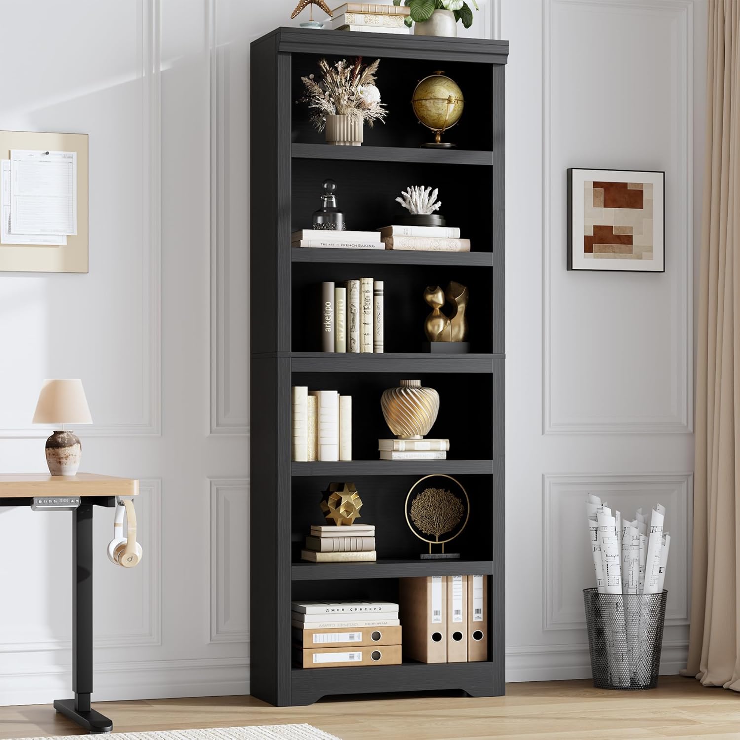 6 Tier Bookshelf, 75" Tall Farmhouse Bookcase - with Adjustable Shelves, Floor Standing Open Display Storage Rack with Anti-Slip Design for Home Office, Balcony, Library, Study / Living Room, Black
