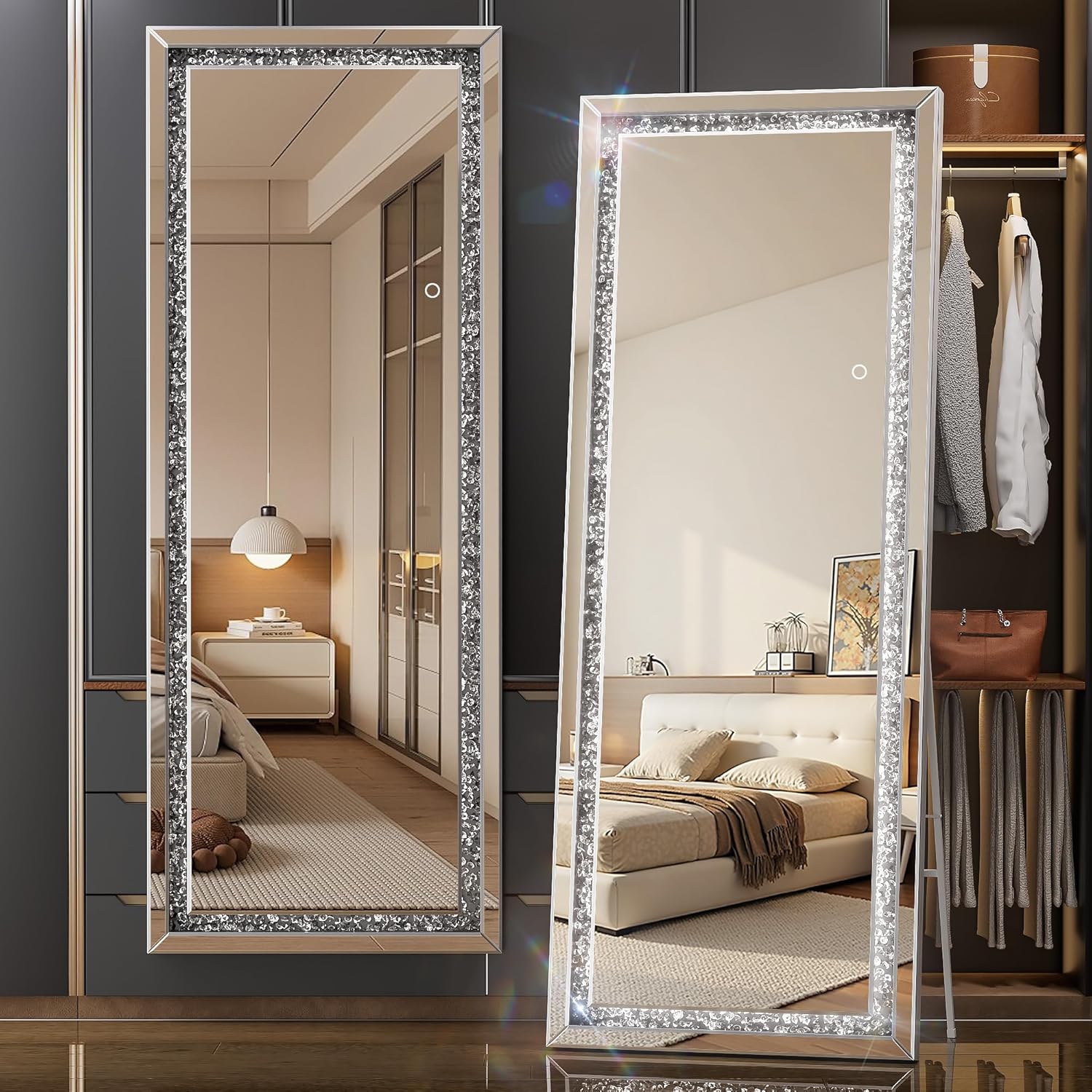 69"x24" Full Length Mirror with Lights, Crystal Crush Diamond Full Body Mirror, Dimming Floor Mirror for Bedroom, Walk-in Closet, and Dressing Room, Vertical Freestanding or Wall Mounted