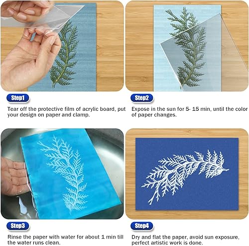Miniatura 7 de Kit de papel de impresión solar, papel de cianotipo, 24 hojas de papel de cianotipo con 1 hoja de panel acrílico, alta sensibilidad, impresión solar