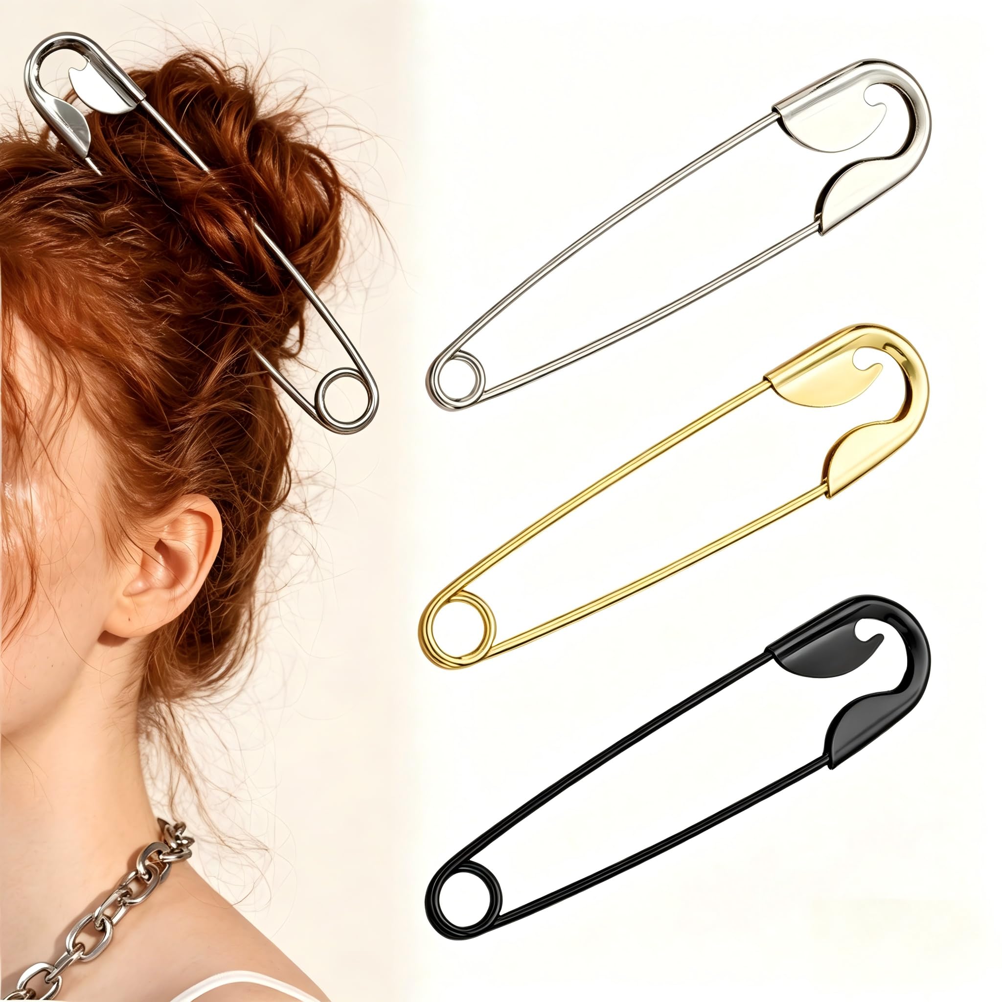 Photo 1 of ***ONE MISSING***Metal Safety Pin Hair Clips for Women, Large Silver Gold Black French Hair Pins for Thick Hair, Durable Punk Aesthetic Hair Styling Accessories for Buns, Updos and French Twists (2 Pack)