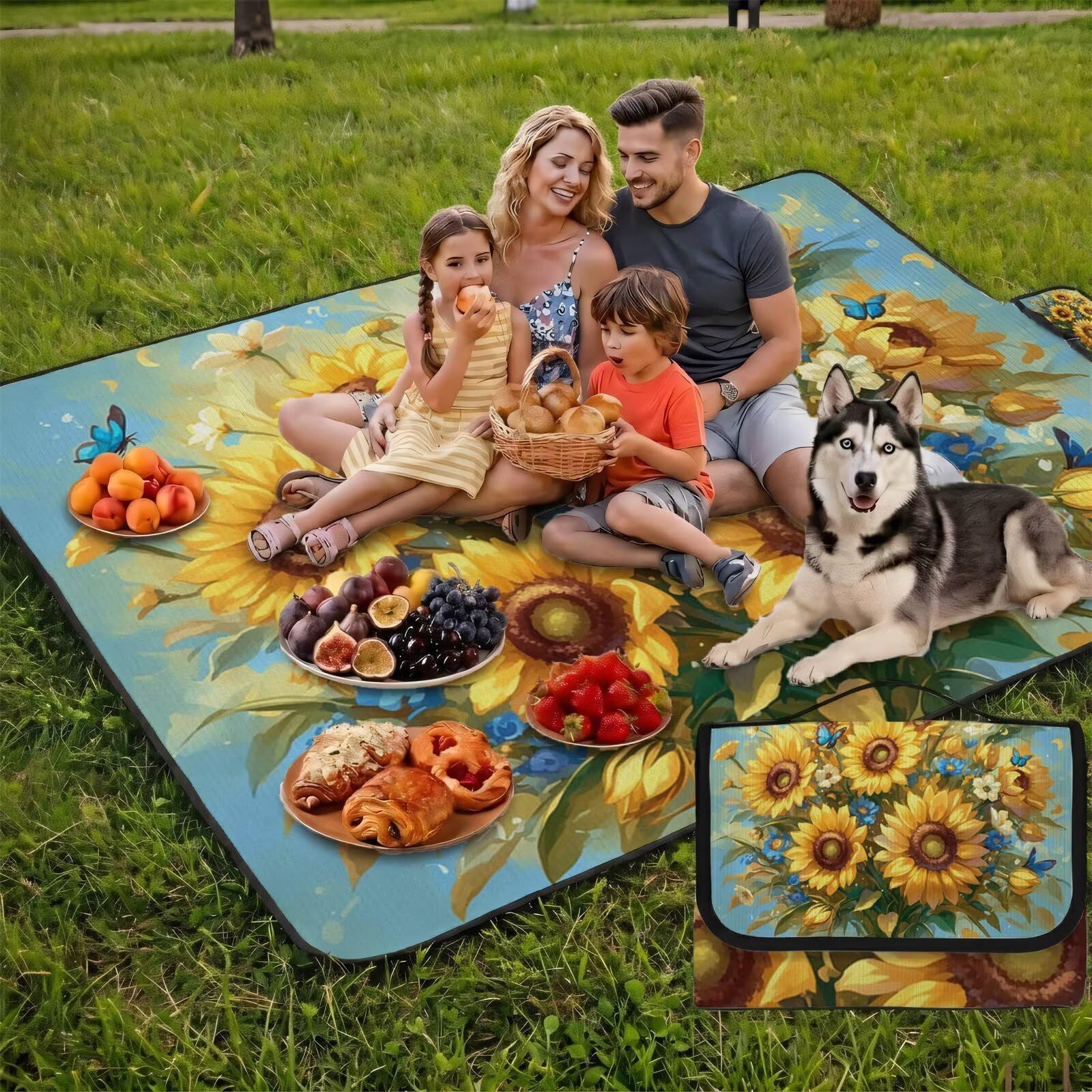 Couverture Pique Nique 200x200cm,Outdoor Couverture Imperméable,Pliable Tapis de Plage Dos en PVC,Grande Picnic Blanket pour Camping Accessoires,Jardin,Parc,Famille - Tournesol,Une Plante UZ-604