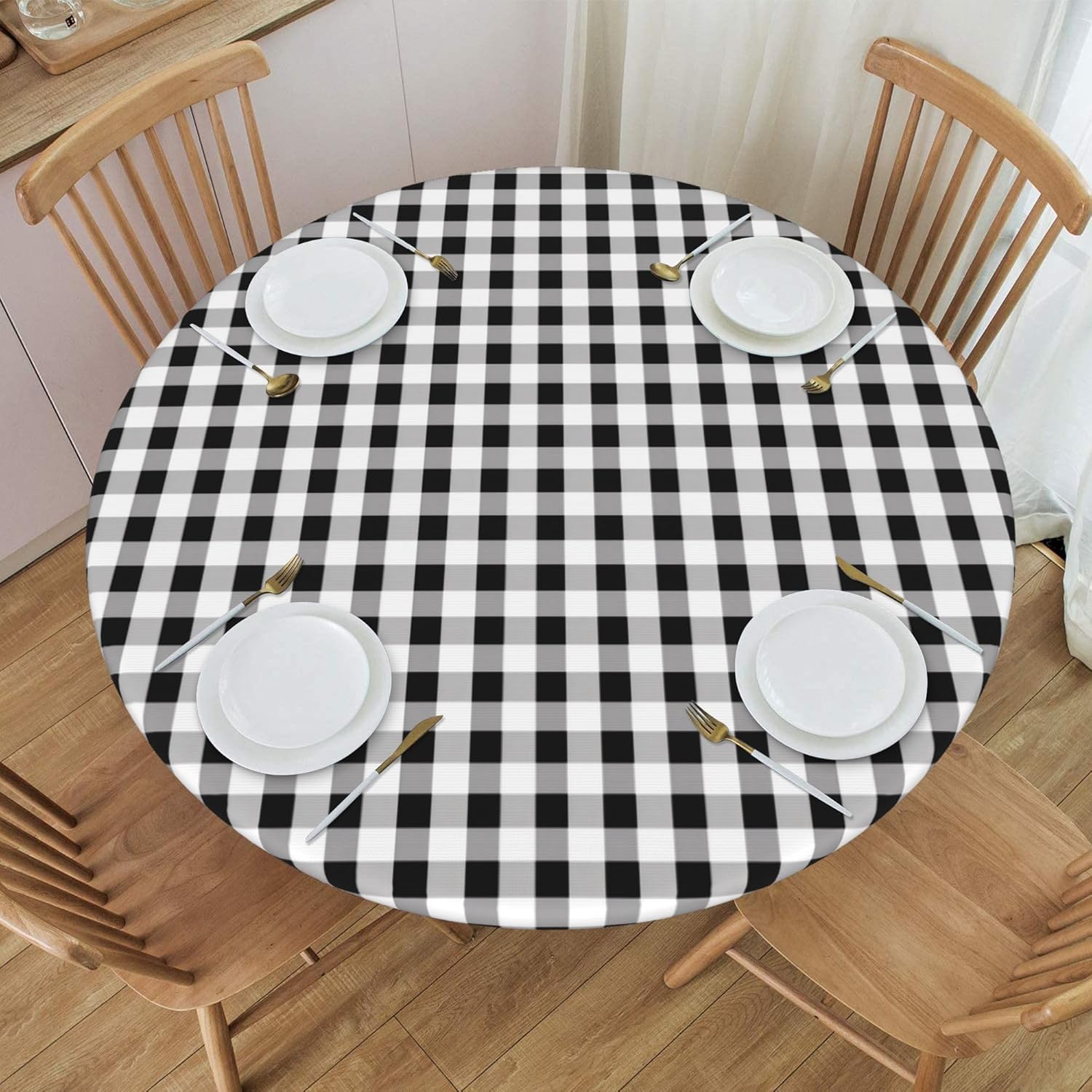 Round Fitted Tablecloth 54 Inch, White Black Buffalo Check Plaid Fitted Round Table Cover Elastic Edged Table Cover Waterproof Tabletop Cover Decorative Table Cover for Dining, Party, Buffet, Wedding