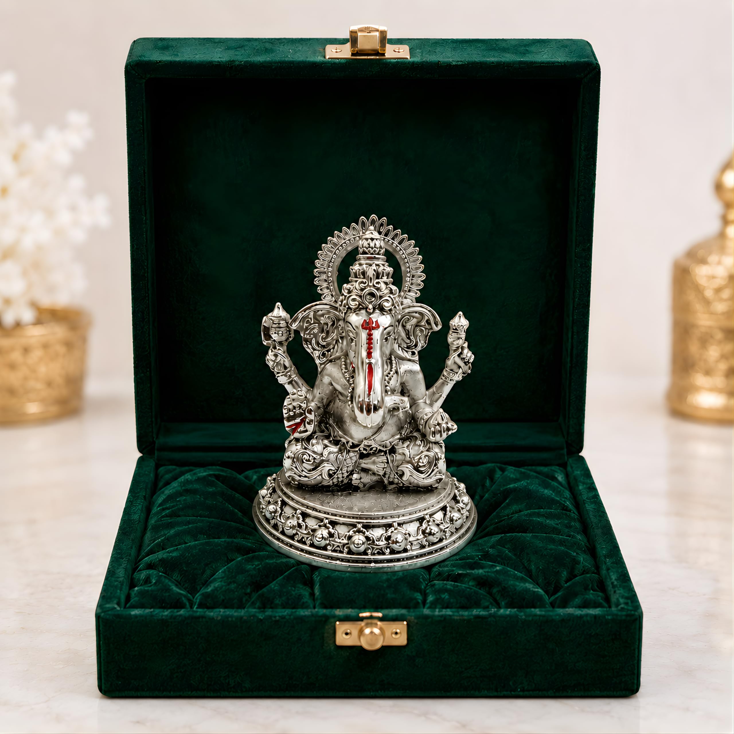 Dev Aastha Silver Plated Four-Armed Ganesh Idol - 3.5 Inch Divine Seated Ganpati Statue with Detailed Halo for Car Dashboard, Pooja Room and Mandir - Auspicious Vastu Home Decor and Spiritual Gift