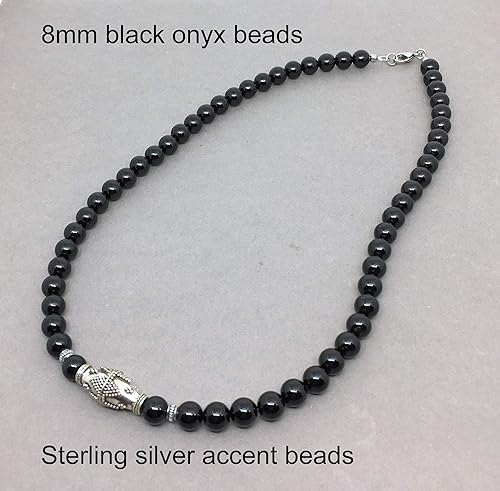 Miniatura 2 de 8mm Black Onyx Mens Necklace, Sterling Silver Accents, 18-22in Custom Length - Handcrafted in USA