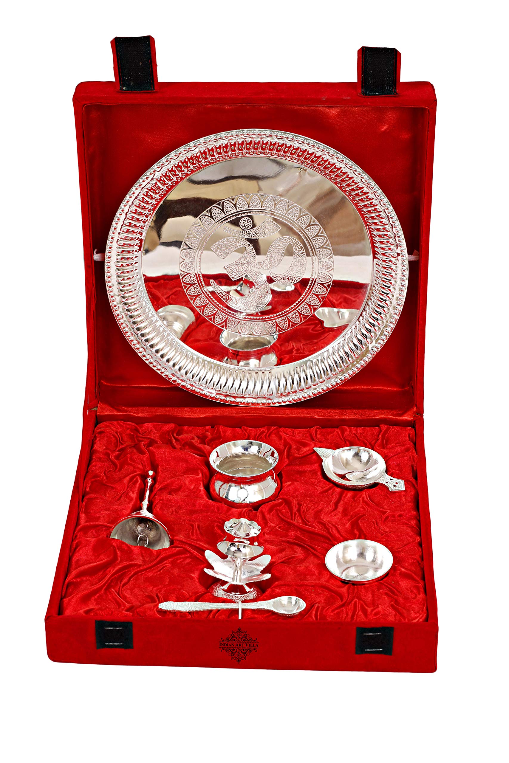Indian Art Villa Om Design Silver-Plated Pooja Aarti Thali Set - 7 Pieces