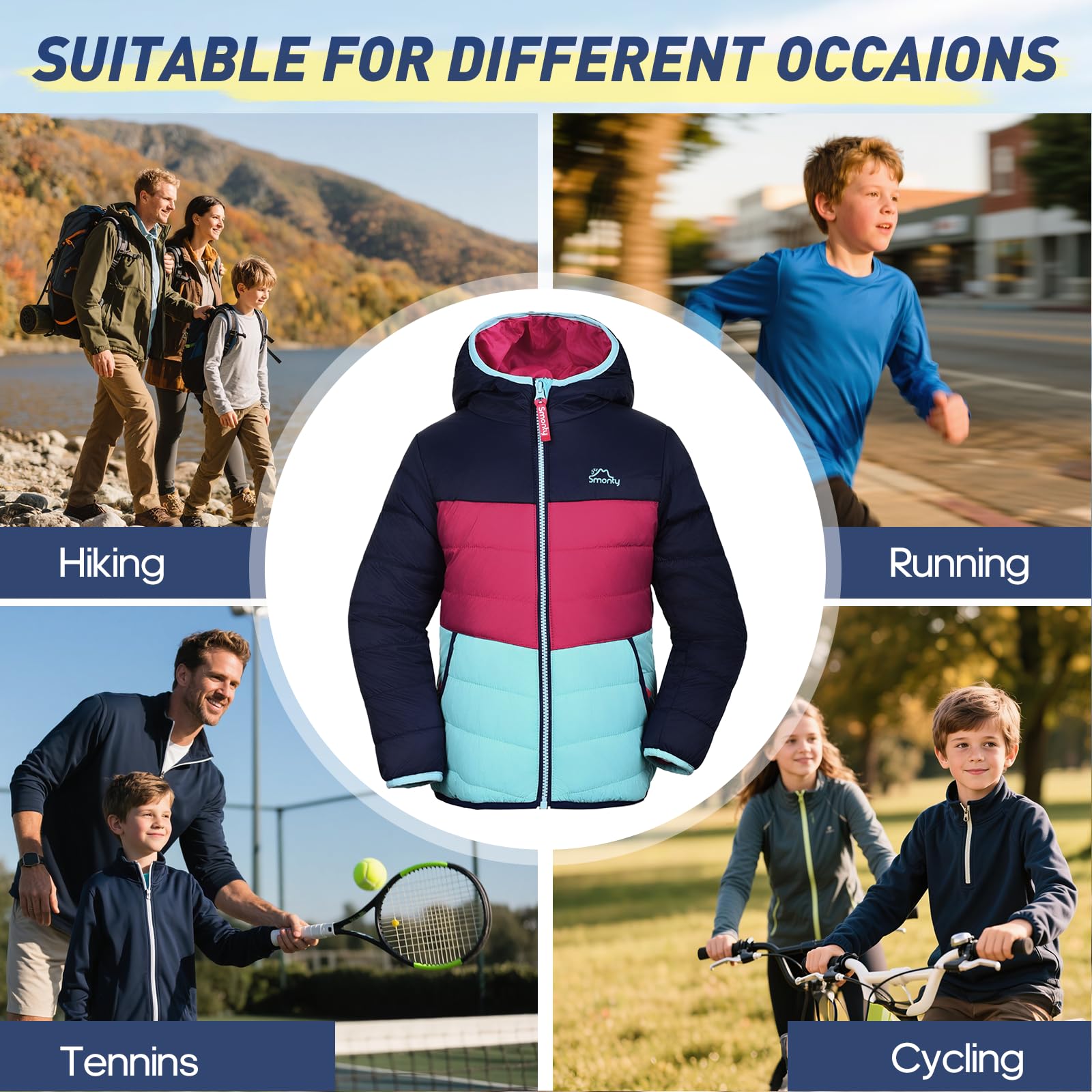 SMONTY Kids Puffer Jacket – Water-Resistant & Lightweight Coat for Boys & Girls with Taped Seams – Ideal for Spring, Autumn, Camping, Hiking & Travel