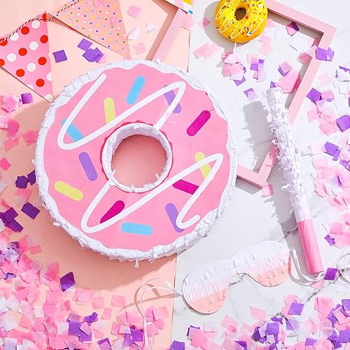Miniatura 4 de Pinata de dona, piñata pequeña de 12.6 pulgadas con barra de piñata y confeti, decoración de fiesta de donas para cumpleaños, aniversario,
