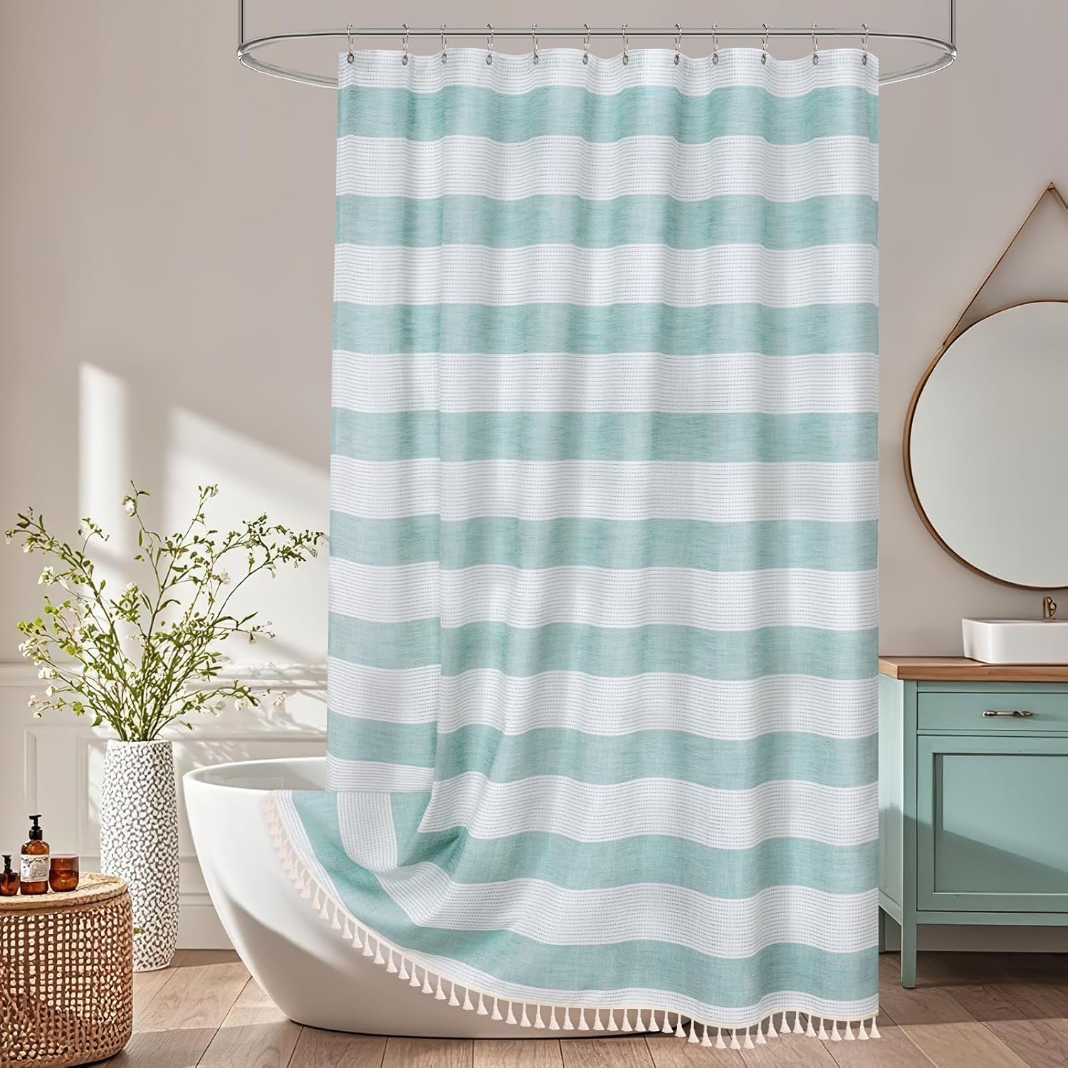 Seenus Boho Chic Thick Teal Shower Curtain with Tassels, 350GSM Cotton Linen Soft Fabric Shower Curtain Aqua Green, 72 x 72 Inch Heavyweight Elegant Farmhouse Bathroom Decor Curtain French Country