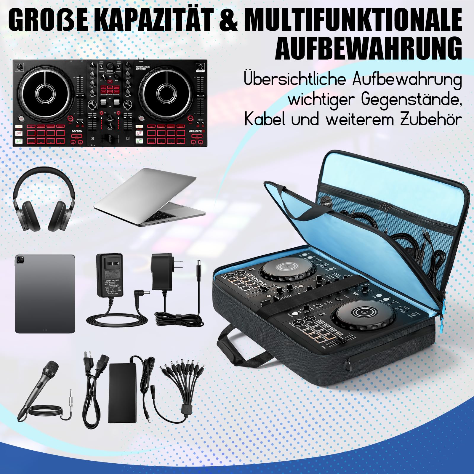 SUNDOY Sac de Transport pour DJ Compatible avec Les manettes Pioneer/Numark/Hercules - Mallette de Transport résistante aux Chocs avec bandoulière et Compartiments pour Accessoires, Noir, 55x32x12-CM