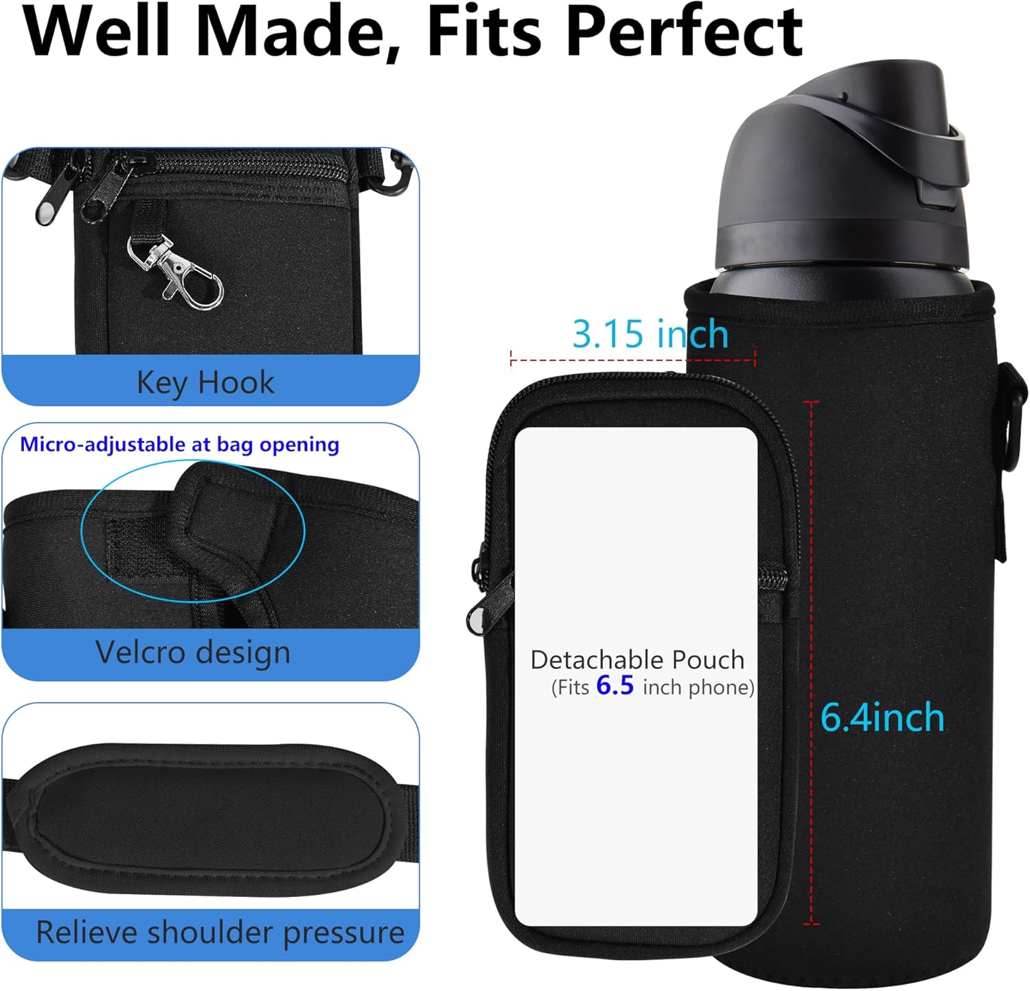 Water Bottle Carrier Bag with Strap for Owala FreeSip 24/32oz with Detachable Phone Pocket for Owala Accessories 24/32oz Water Bottle Sleeve for Walking Camping Gym