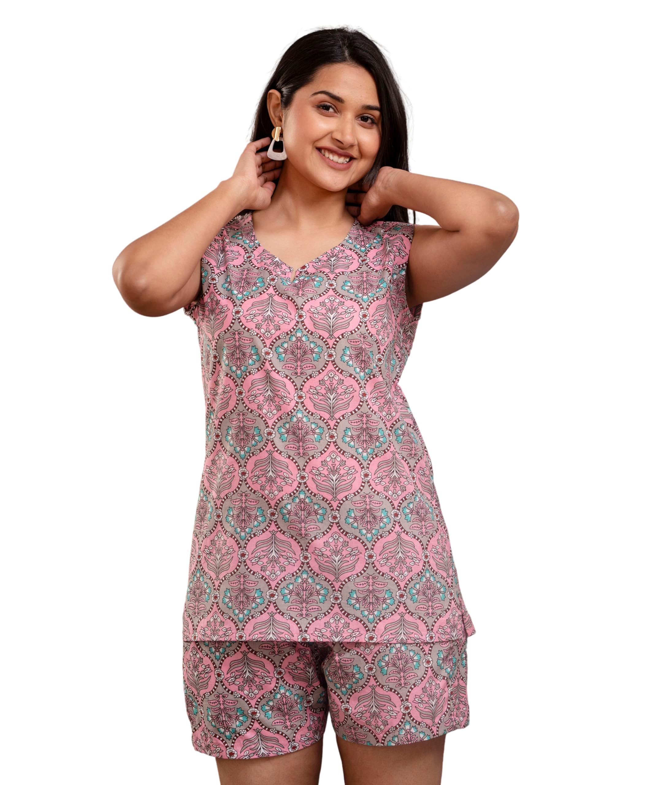 sayang Women's Cotton Printed Night Suit Set of Top & Shorts Sleeveless Women's Lounge Wear Set-picture-34