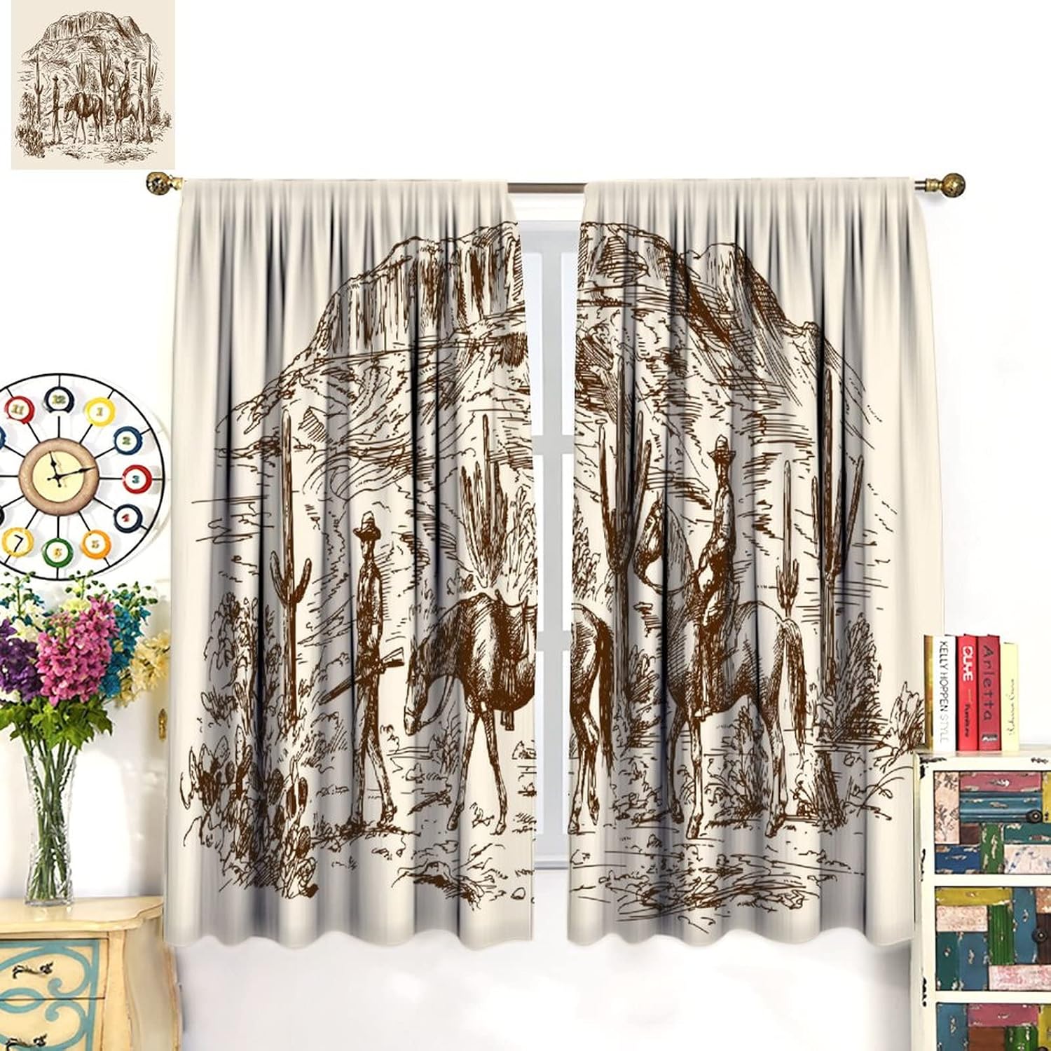 Vintage Western Cowboy Curtains Wild West Desert Cactus Country Rustic Farmhouse Horse Blackout Rod Pocket Drapes for Bedroom Living Room Decor Window Treatments 2 Panels Set 52x84in