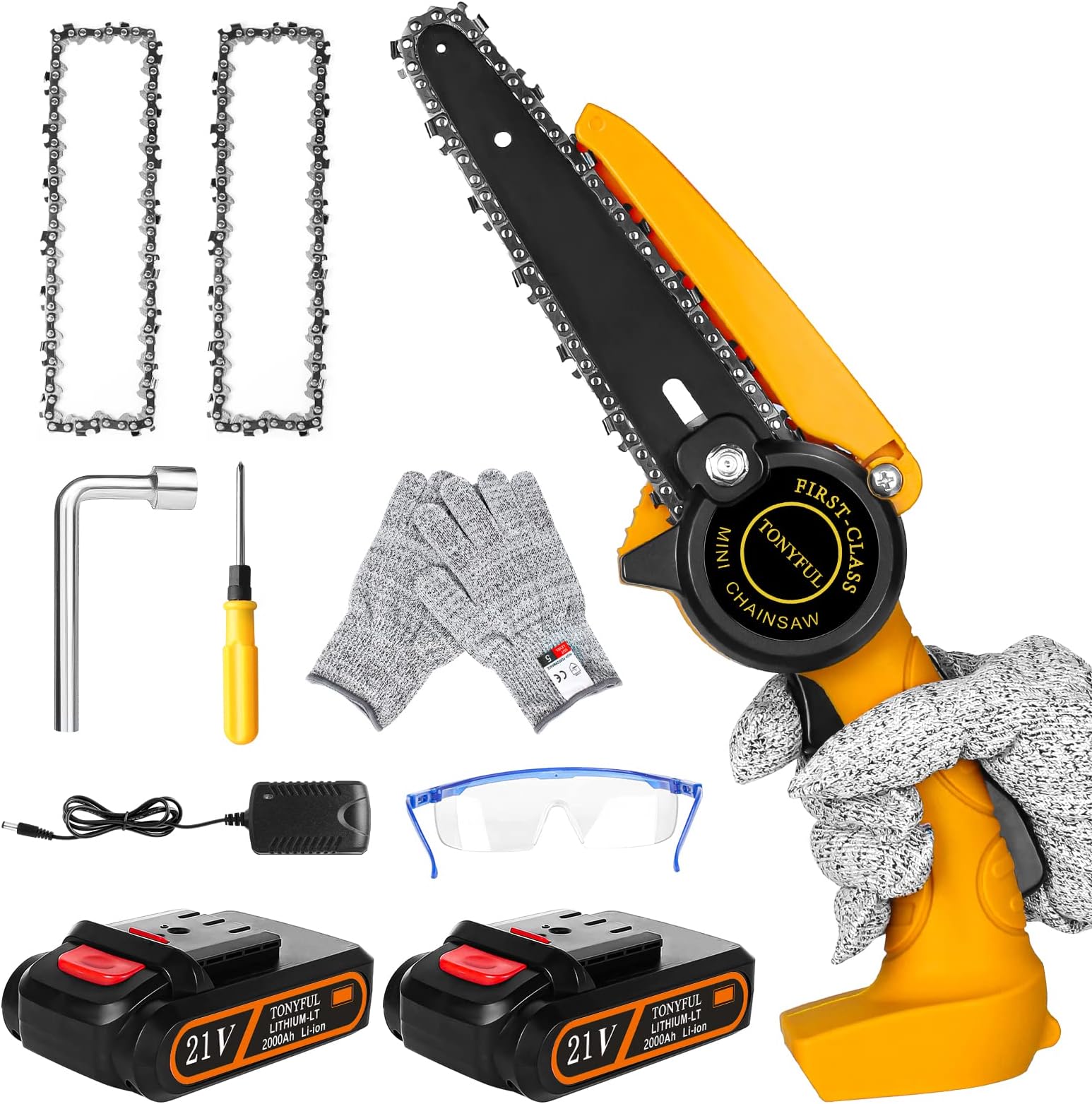 TONYFULMini Chainsaw, 6-Inch Cordless Chainsaw with 2 Battery and Replacement Chain, Professional Electric Chainsaw Portable Handheld Chainsaw Rechargeable Garden Saw for Pruning Trees Wood Cutting