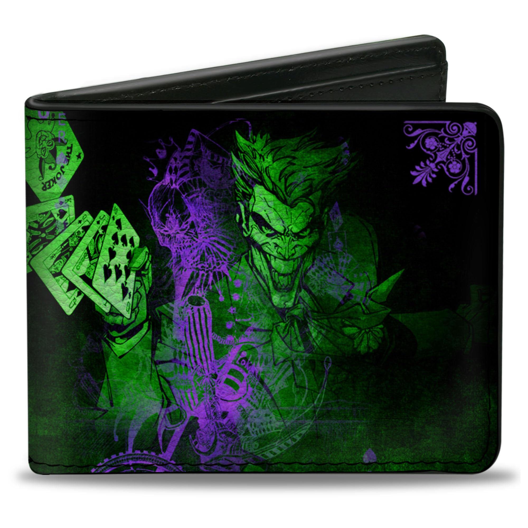 Buckle-DownMen's PU Bifold Wallet-The Joker Card Flipping Poses Black/Greens/Purples, Multicolor, 4.0" x 3.5"