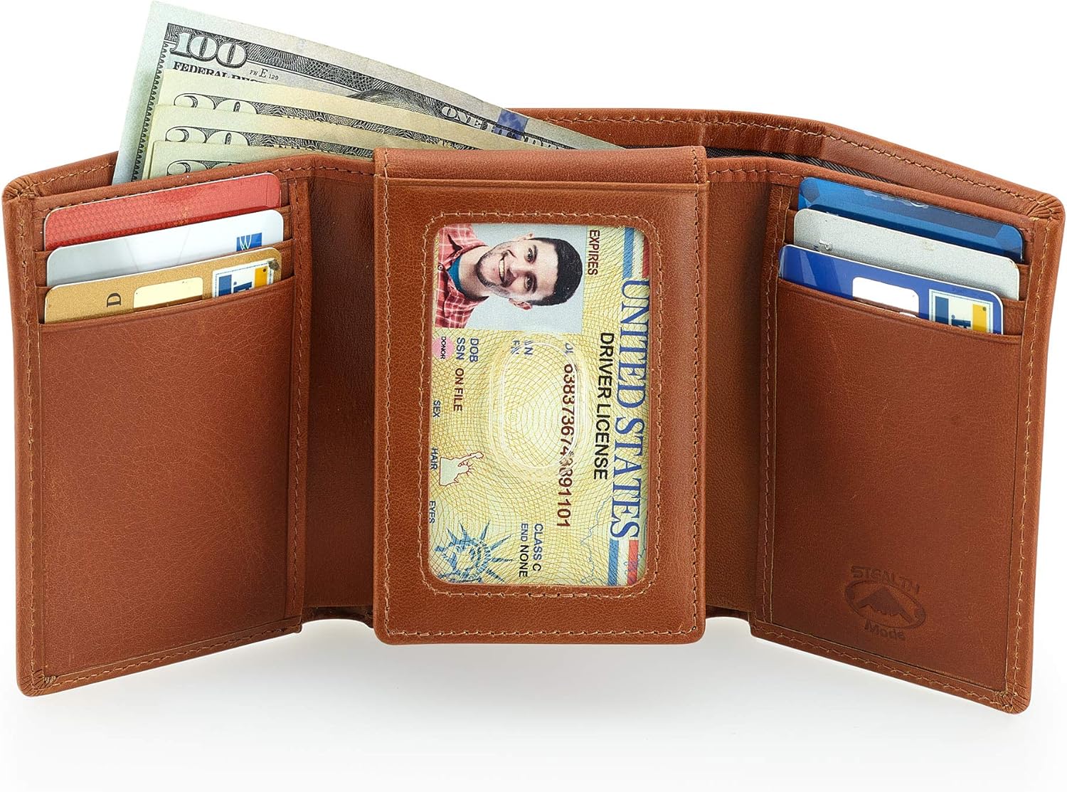 Stealth Mode Trifold Wallet - RFID Blocking Wallet with Flip ID Holder - Leather Case for Money, Credit Cards - Mens Organizer, Divided Billfold, Identity Protection - Men's Gifts (Light Brown)