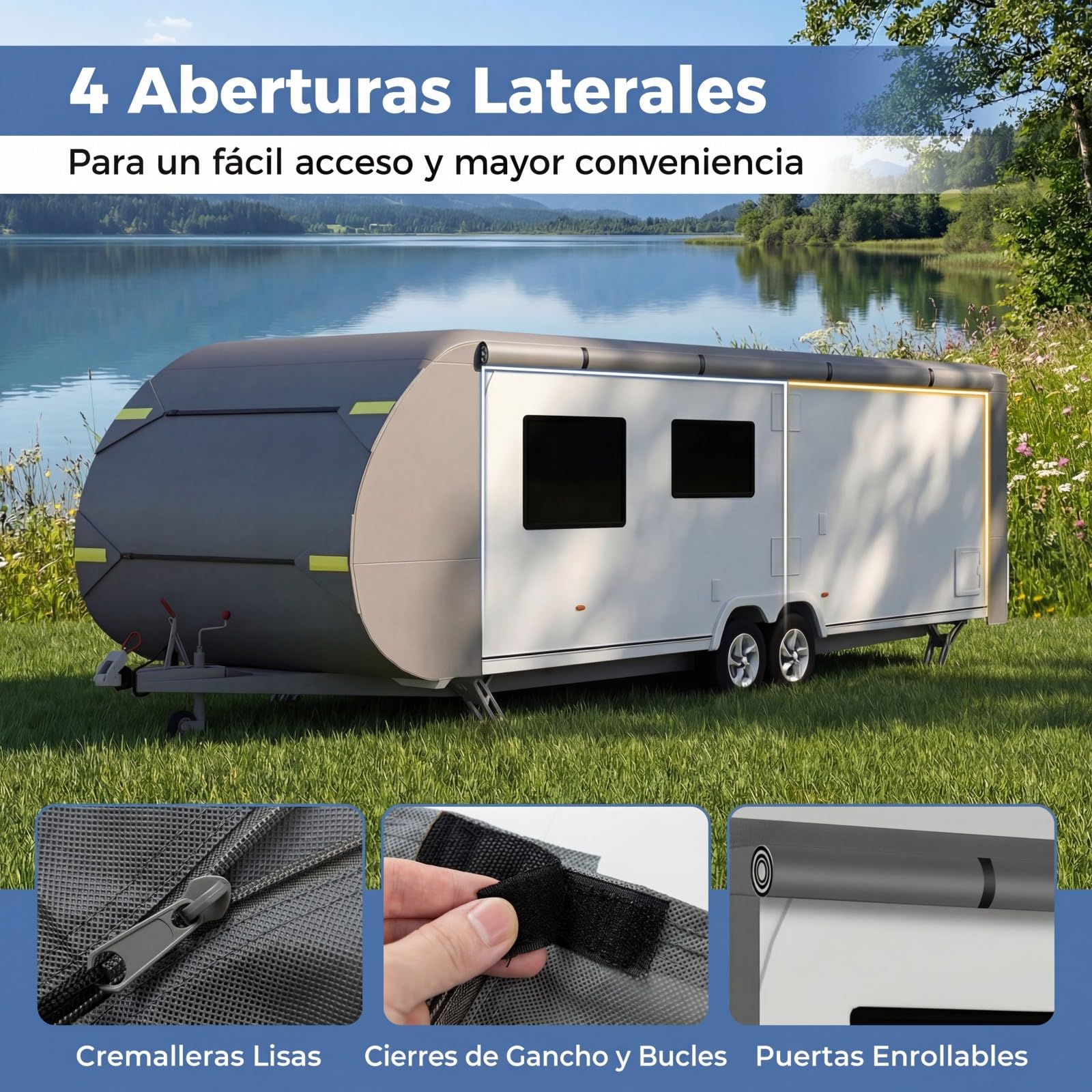 COSTWAY Funda Caravana, Cubierta Protectora para Autocaravana con 9 Correas de Fijación, 6 Tapas de Canalón, 2 Parches de Reparación y Bolsa, Lona para Caravana, Verano, Invierno (571x260x250cm)