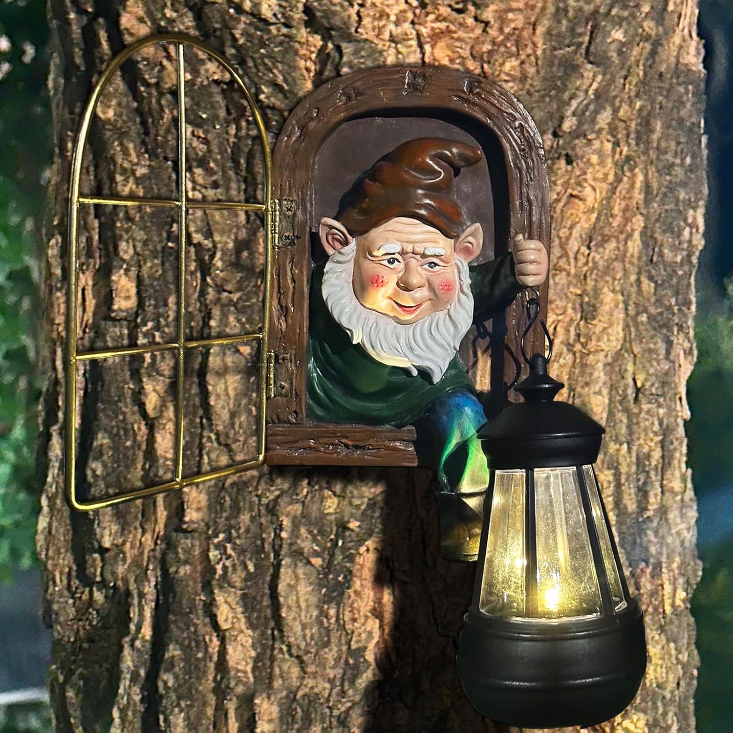 Fairy Garden Statues Gnomes Solar Lantern - Whimsical Elf Out The Door Tree Hugger Figurines Fence Wall Yard Art Home Decor Outdoor Tree Face Sculpture, Ideal Halloween Decorations 3 81PEFIqzagL. AC SL1500