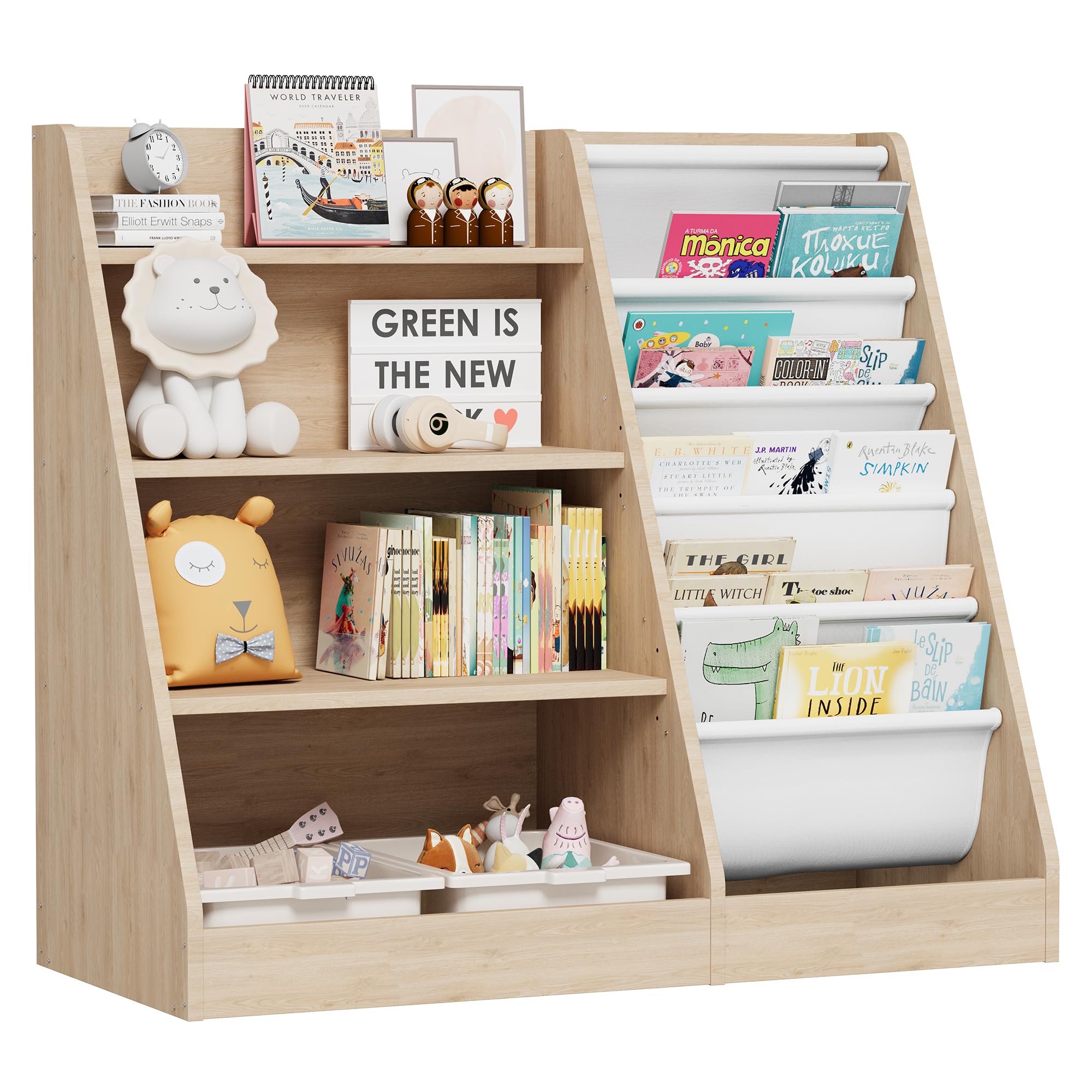 KEEPREAPER Kinderregal Bücherregal für Kinder 90x40x80cm, mit 5 Ablage und 4 offenen Fächern, Holz, Spielzeugregal, Spielzeug-Organizer für Kinderzimmer, Natur