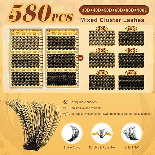 Miniatura 2 de QUEWEL 580 racimos de pestañas 30D+40D+50D+60D+80D+100D racimos de pestañas finas de 0.35-0.70 pulgadas, pestañas individuales reutilizables para