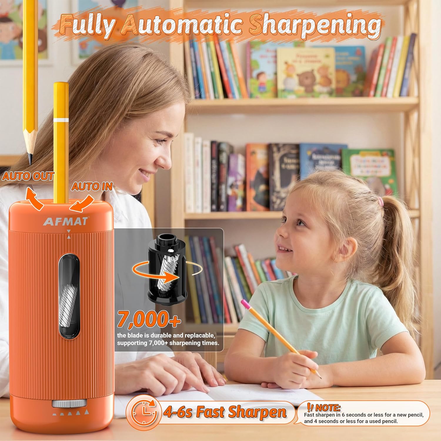 AFMAT Electric Pencil Sharpener, Auto in & Out, 5 Nibs, 7K+ Uses, Fully Automatic Pencil Sharpener for Classroom, Rechargeable Hands-Free Sharpeners for Jumbo/Colored Pencils (φ6.5-12mm) PSC3(Orange)