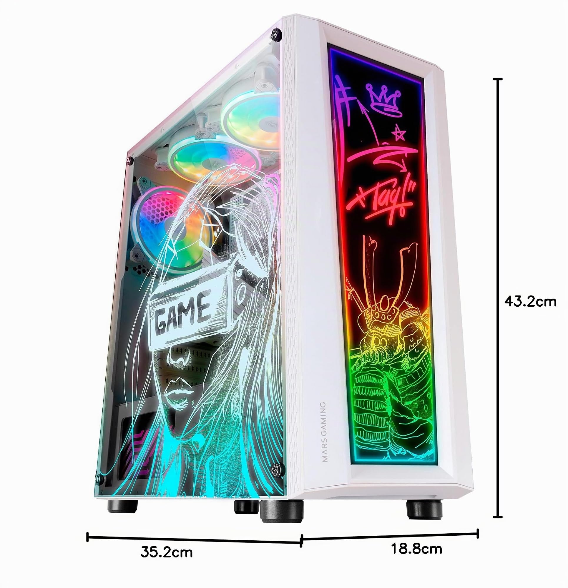 Mars Gaming MC-Art, Caja PC Gaming ATX, Doble Cristal Templado Dibujable, ARGB 12 Modos, Ventilador 12 cm, Blanco