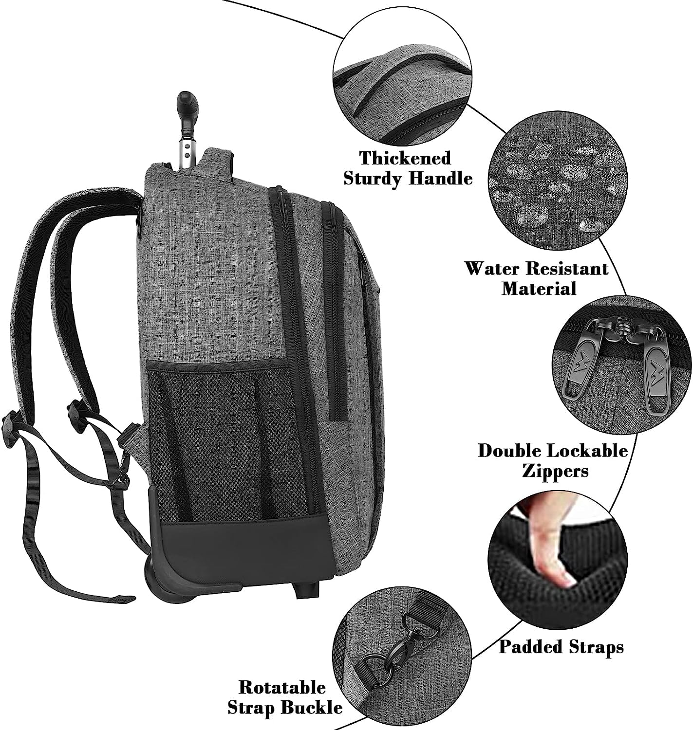 MATEIN Schulrucksack mit Rollen, Business Trolley Leicht Handgepäck Flugzeug Reiserucksack Herren 17 Zoll Laptoptasche Reisetasche mit Rädern Damen Schultrolley Wheeled Backpack für Arbeit, Uni, Grau