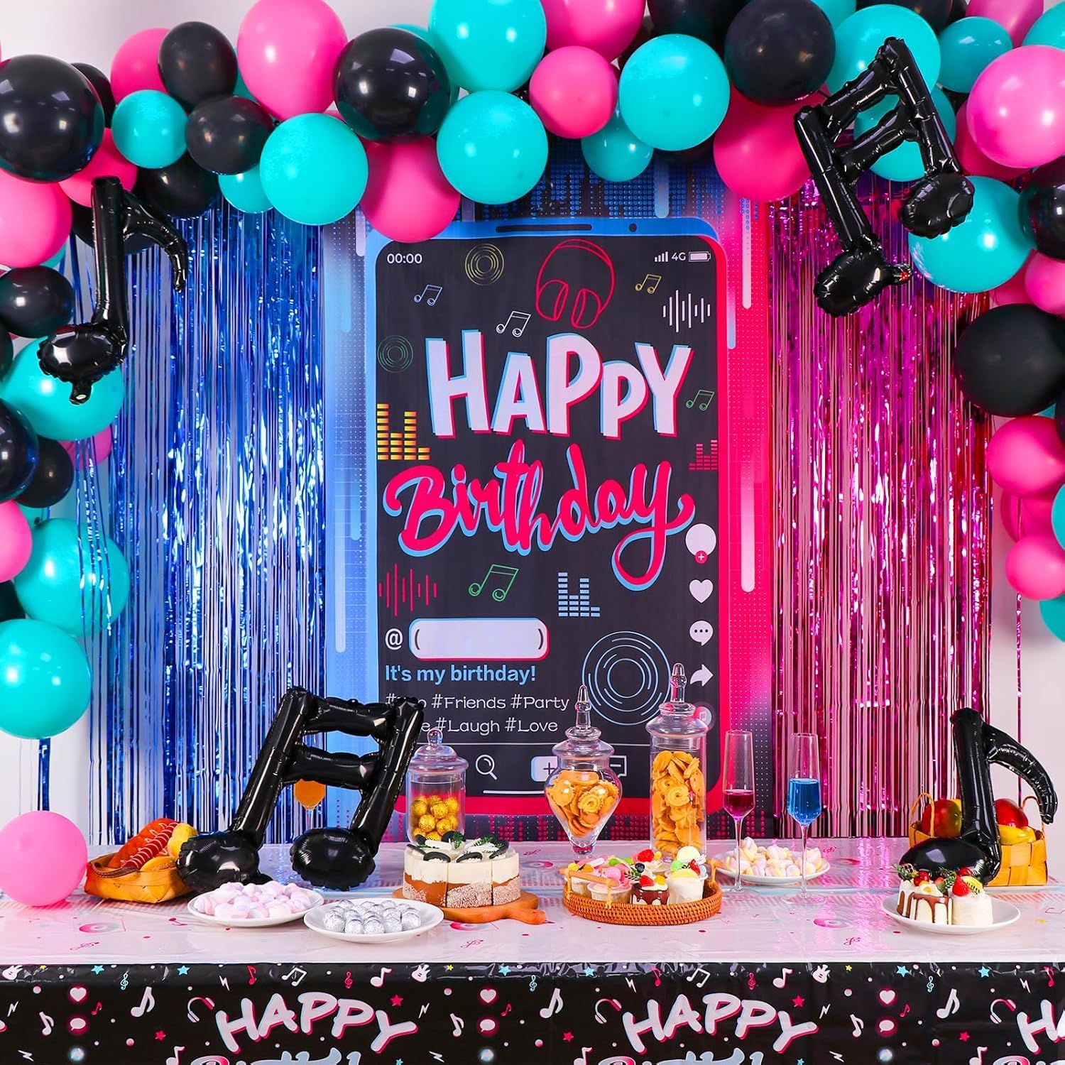 Cvkwe 135PCS TikTok Happy Birthday Decorations, Reusable Music Birthday Party Decorations Set, Includes Banner, Fringe Backdrop, Balloon Arch, Tablecloth for Men, Women Bday Decor