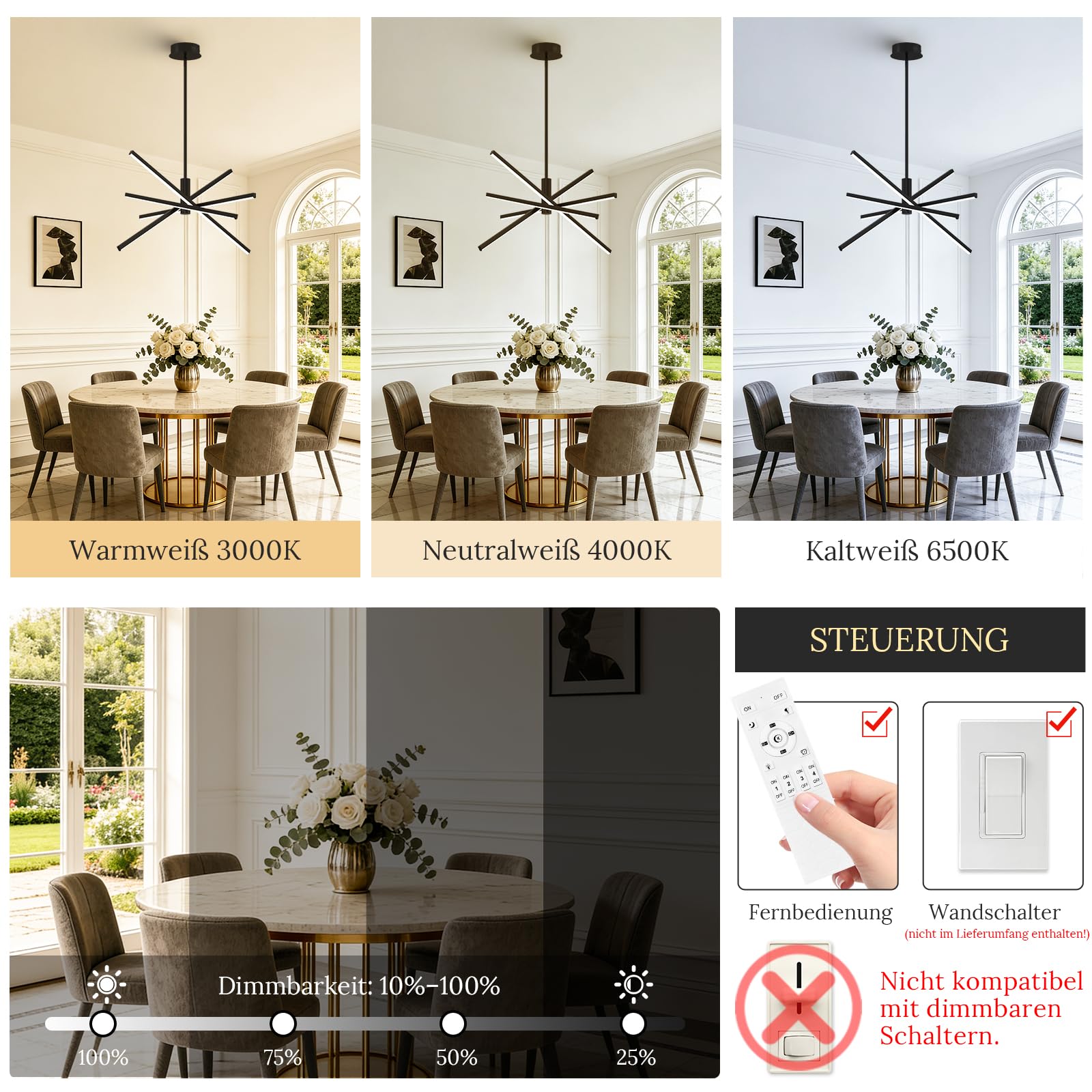 CATINER Moderner LED Hängeleuchte Schwarz 4-flammige Esszimmer Pendelleuchten LED Sputnik Kronleuchter Dimmbar mit Fernbedienung für Wohnzimmer Schlafzimmer Küche Eingangsbereich，70 cm 25W
