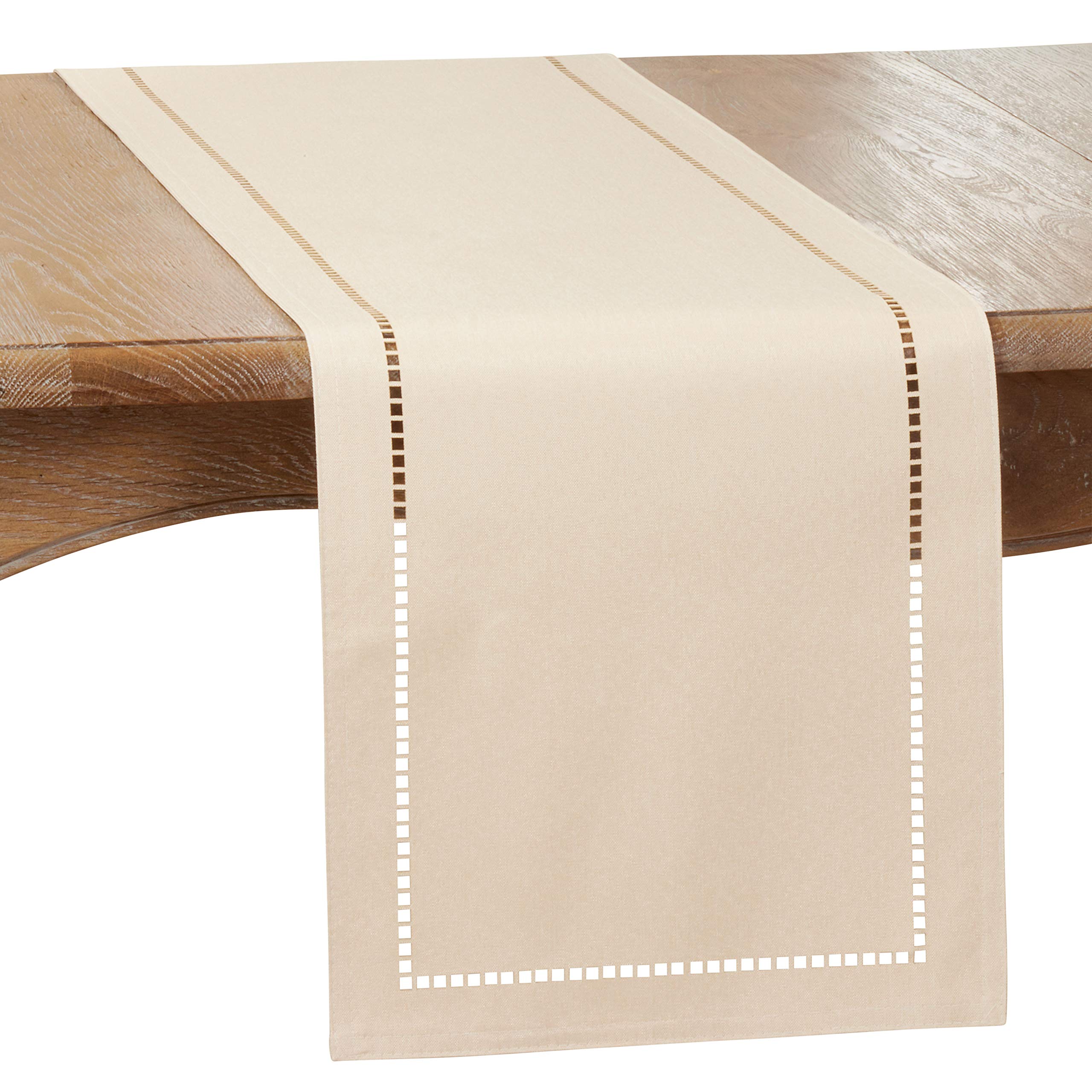 SARO LIFESTYLE Hadleigh Collection Laser-Cut Hemstitch Table Runner, 14" x 108", Ivory