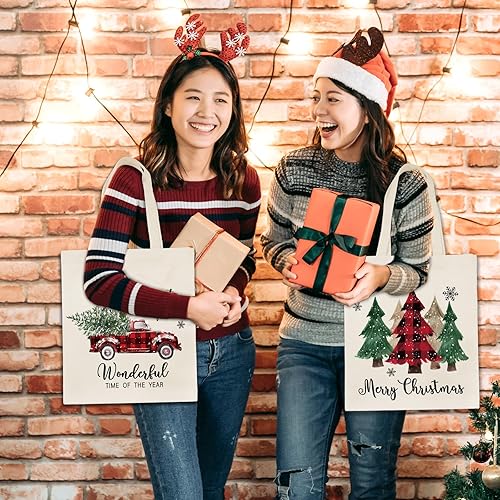 Miniatura 4 de Whaline 3 bolsas de lona de Navidad a cuadros, árbol de Navidad, camión, muñeco de nieve, bolsa de compras de Navidad para invierno, reutilizable,