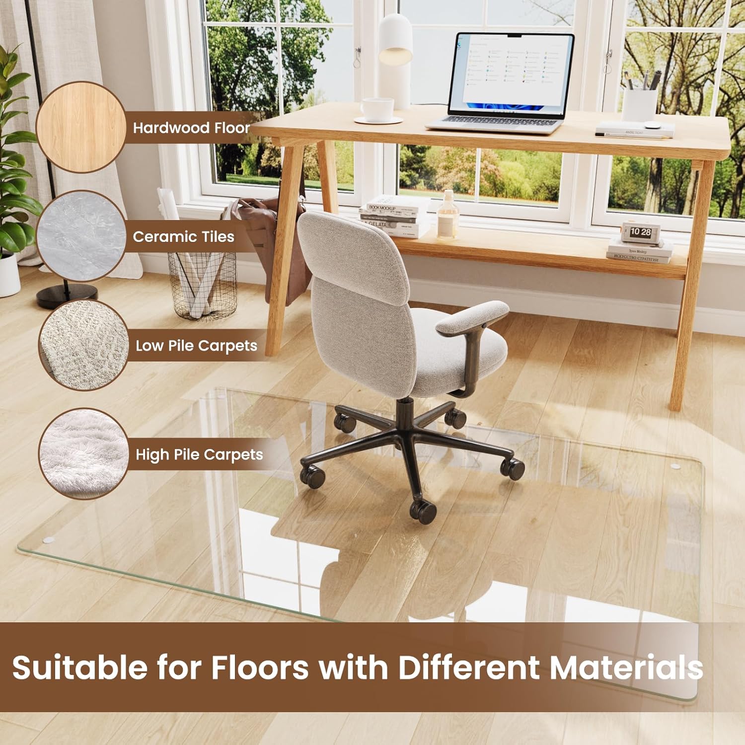 Tempered Glass Chair Mat for Carpet, 30"x48" Floor Mat for Office Chair with Round Corner, Desk Chair Mat for Rolling Chair/Hardwood Floor- with 6 Anti-Slip Pads