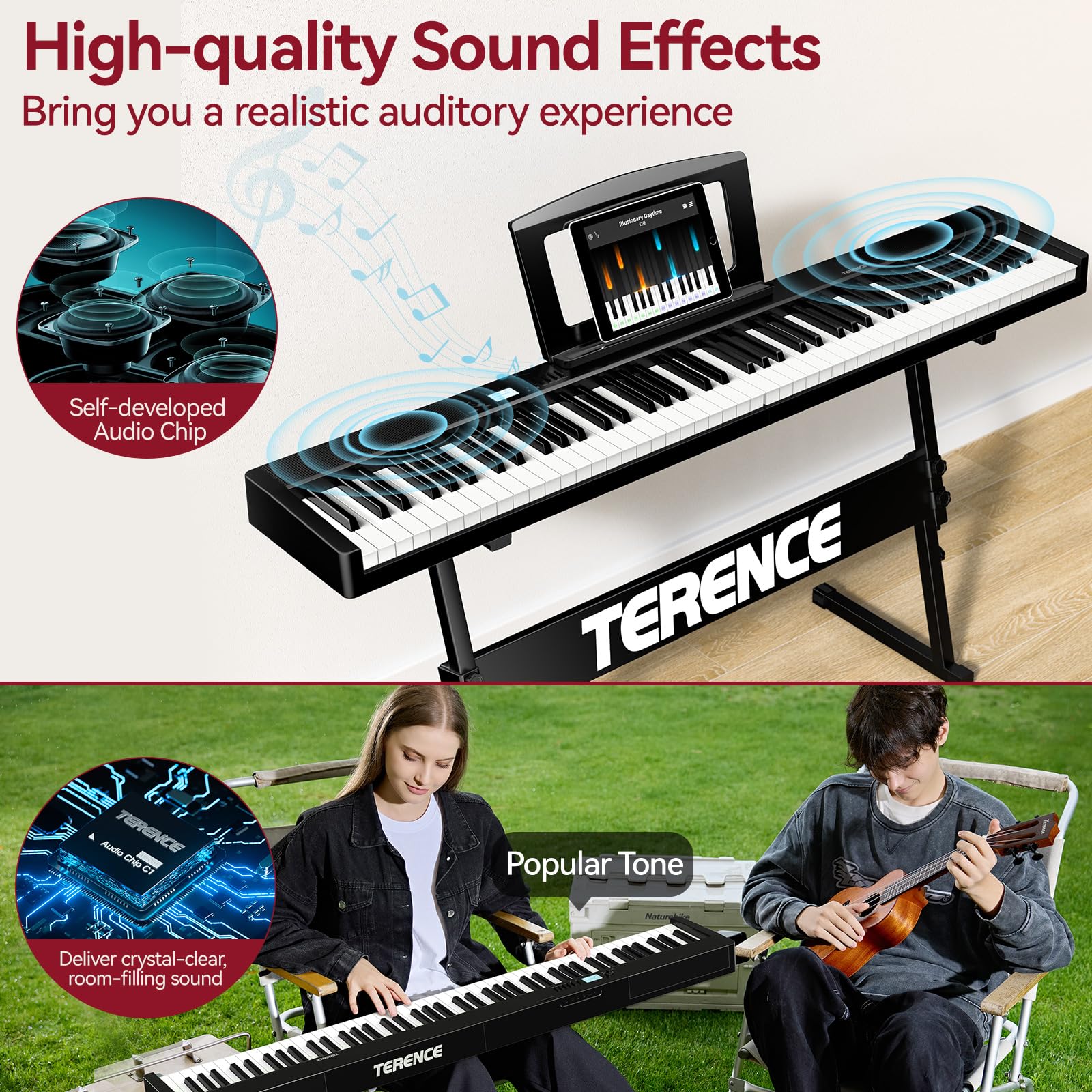 TERENCE Piano numérique, 88 touches lestées, batterie 1800 mAh, Haut - parleur 2 * 5W, pliable et portable, support Bluetooth et interface midi Noir