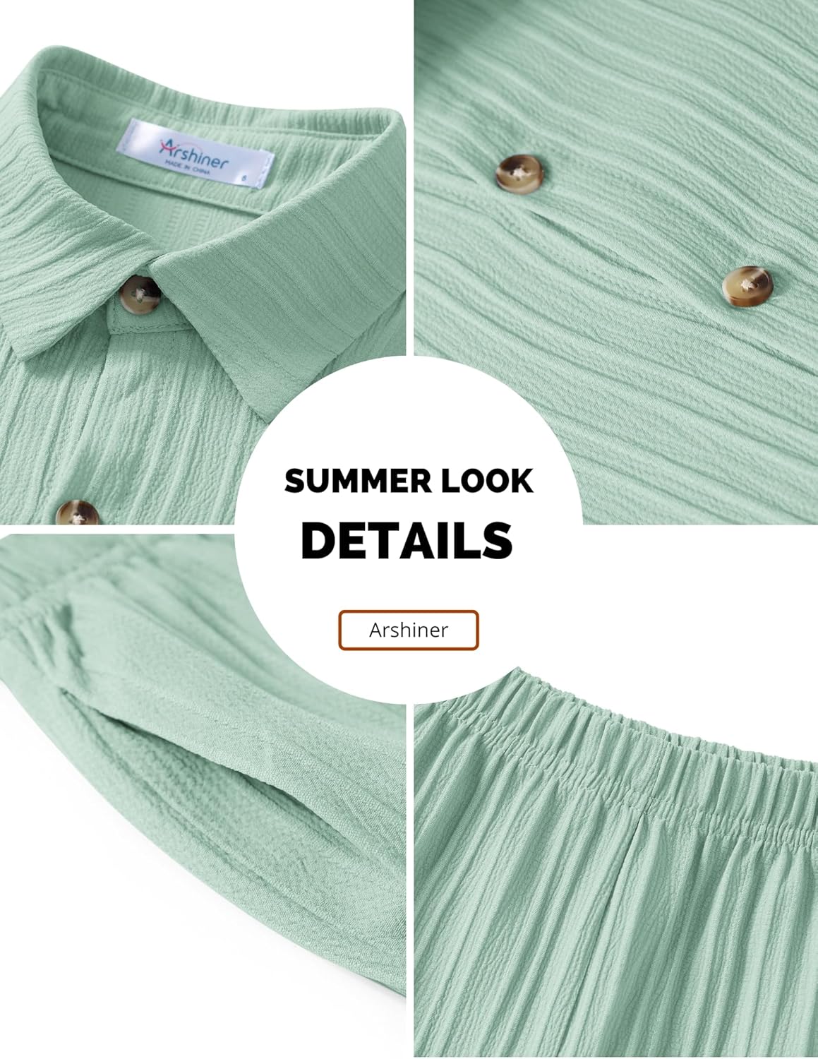 Arshiner Boy's Textured Button Up Shirt and Shorts Set 2 Piece Summer Beach Outfit for 5~12 Years Kids - Image 6