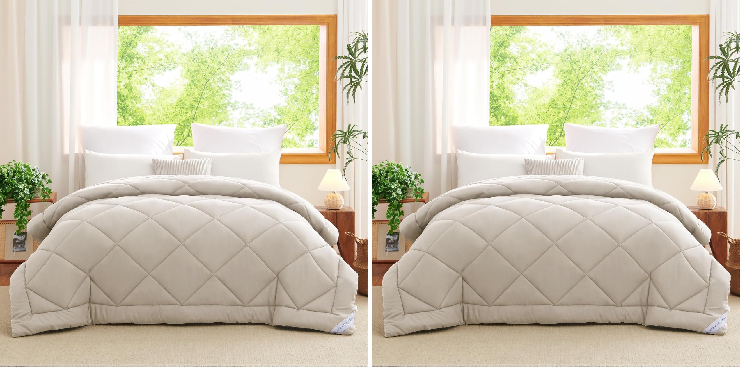 WAVVE Piumino Letto Matrimoniale 4 Stagioni 220x240 - Piumone Autunnale Invernale 220 x 240 cm - Coperta Trapunta 240x220 di Microfibra Sintetico, Beige (Confezione da 2)