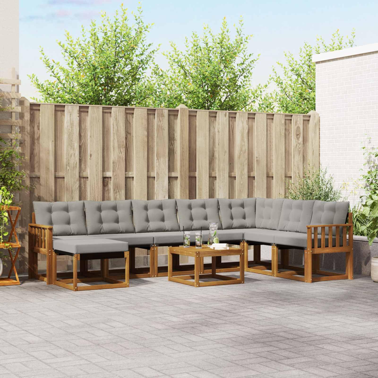 Conjunto de sofás de Exterior Modular de Madera Maciza de Acacia y textileno Natural y Gris Claro para jardín terraza Patio con Cojines cómodos y Resistente a la Intemperie