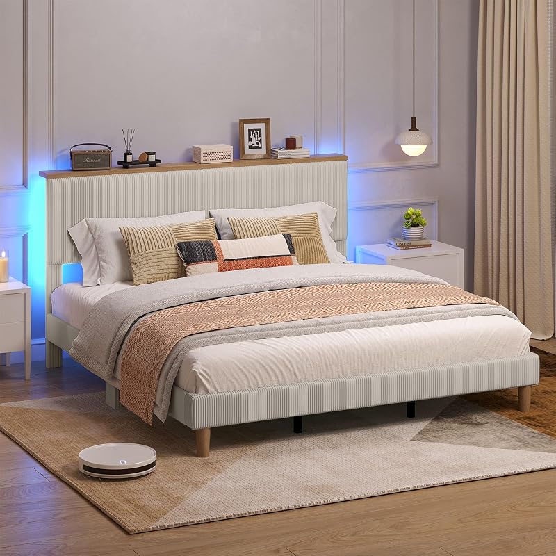 Pinmoco King Bed Frame with Storage Headboard & LED, Upholstered, Beige