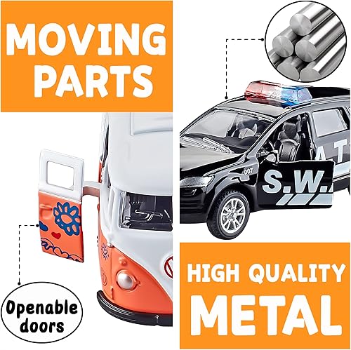 Miniatura 5 de KIDAMI Juego de 5 autos de juguete de metal fundido a presión puertas abiertas automóvil tirante paquete de regalo para niños auto oficial