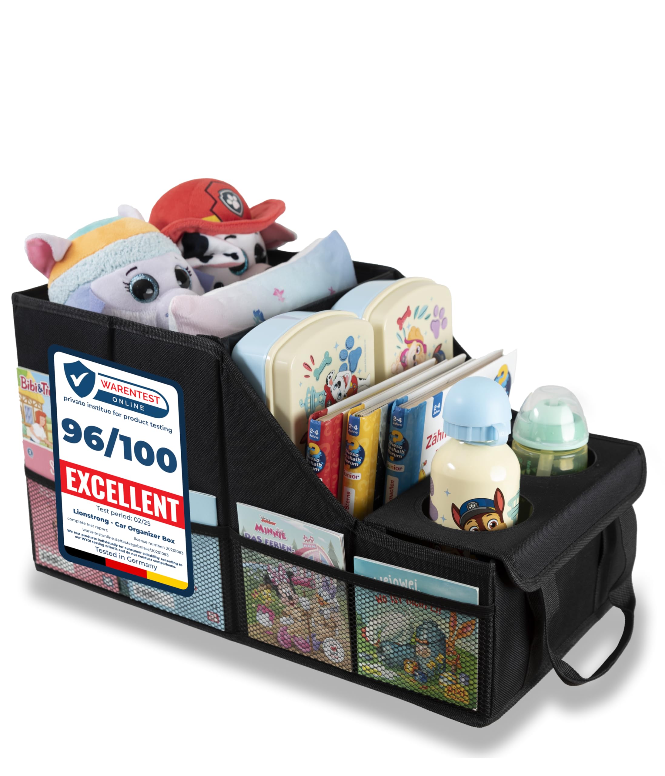 LIONSTRONG® Organisateur de Voiture [TRÈS STABLE GRÂCE AUX PANNEAUX PLASTIQUE] - Organisateur Universel Siège Arrière et Siège Avant - Idéal pour les Vacances - Espace pour Jouets - Résistant à l'Eau