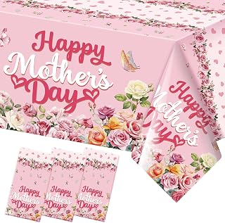 Fancy Land Happy Mother’s Day Tablecloths 3 Pack Pink Roses Flowers Plastic Party Decoration 54 X 108 Disposable Table Cover