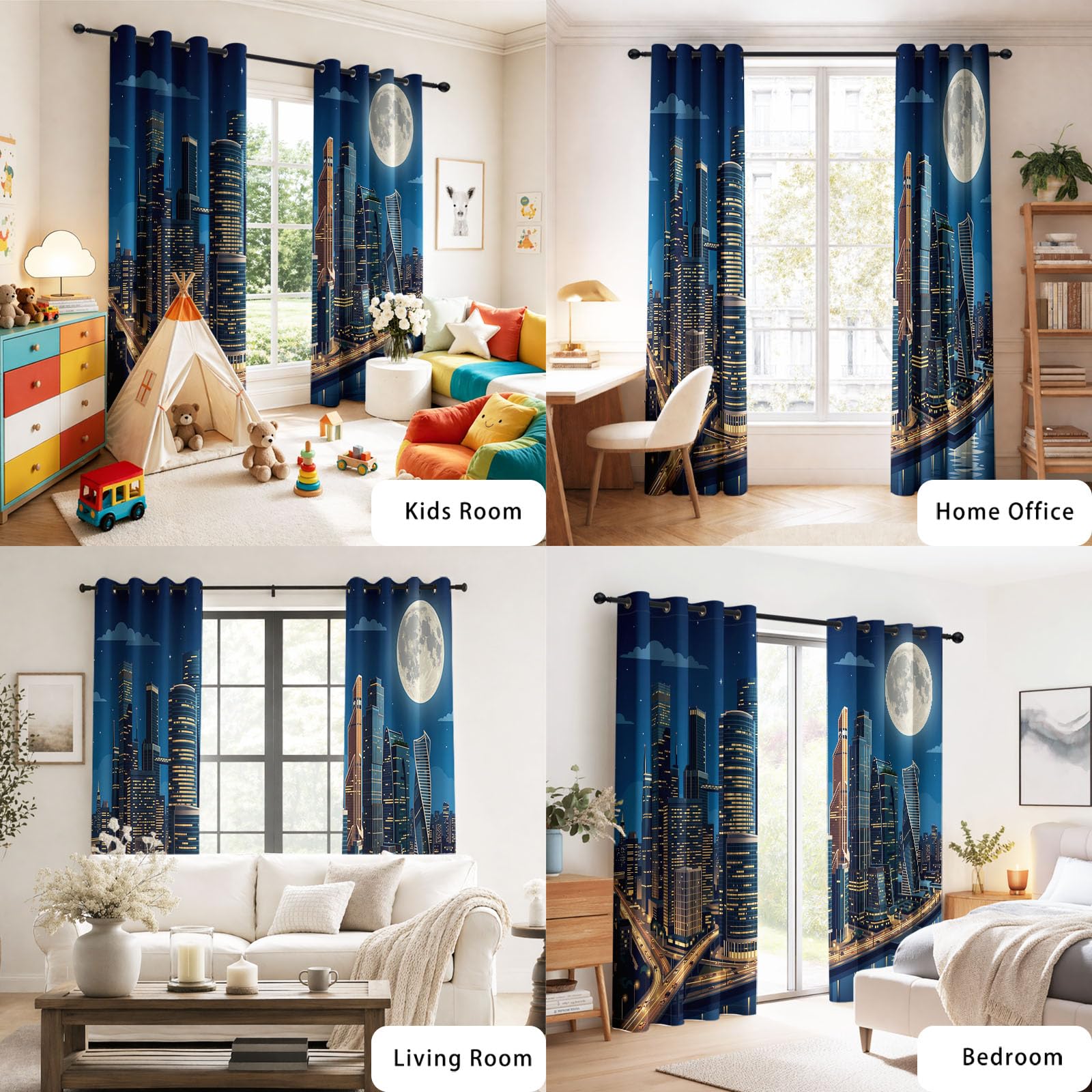 Générique Rideau Occultant Moderne Urbain 132 x 214 CM, Ville Architecture Rideaux et Draperies pour Enfants Filles Chambre Salon Rideaux de Fenêtre Thermiques Isolants